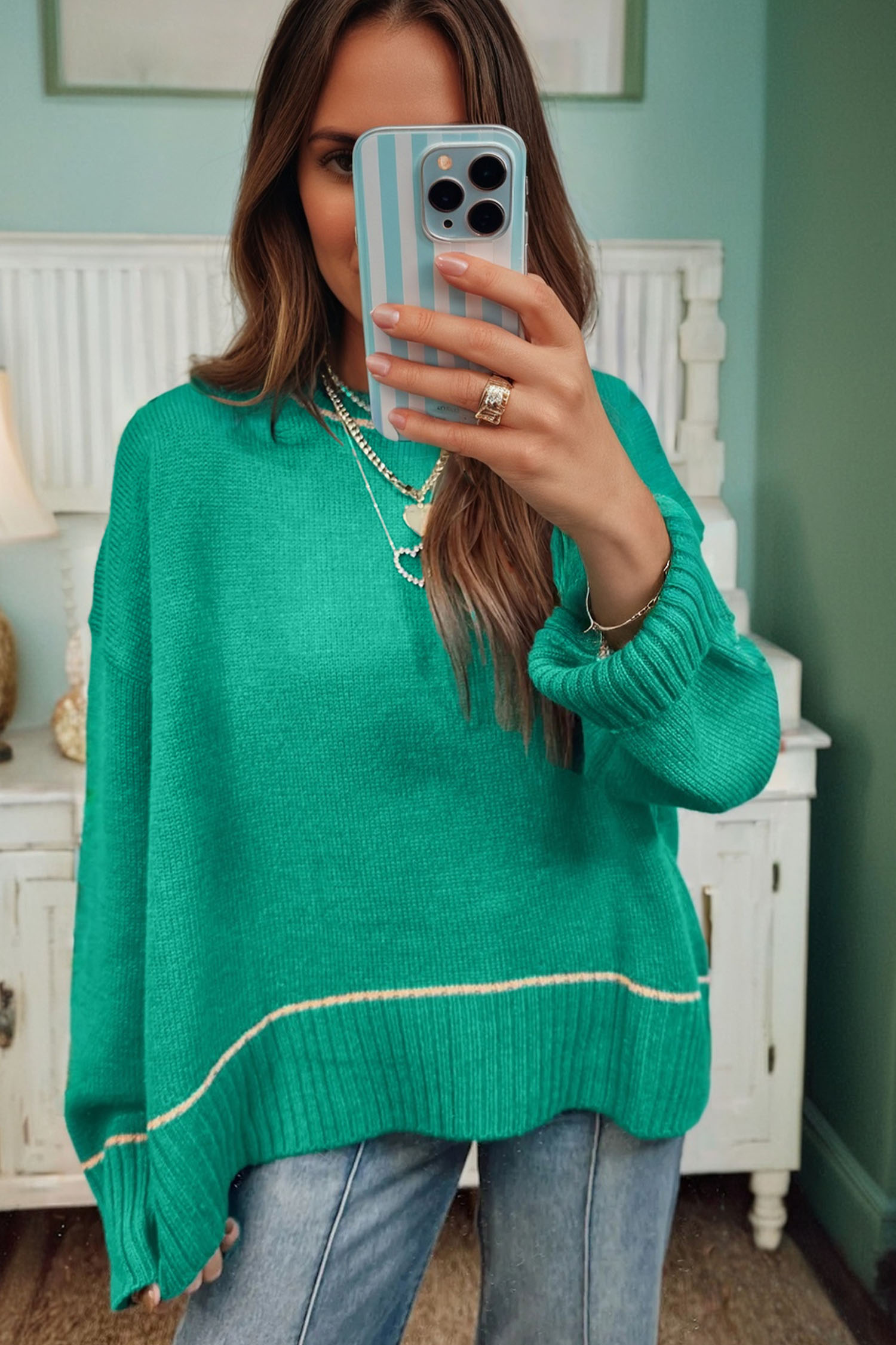Sea Green Contrast Detail Drop Shoulder Baggy Sweater - loveforevers