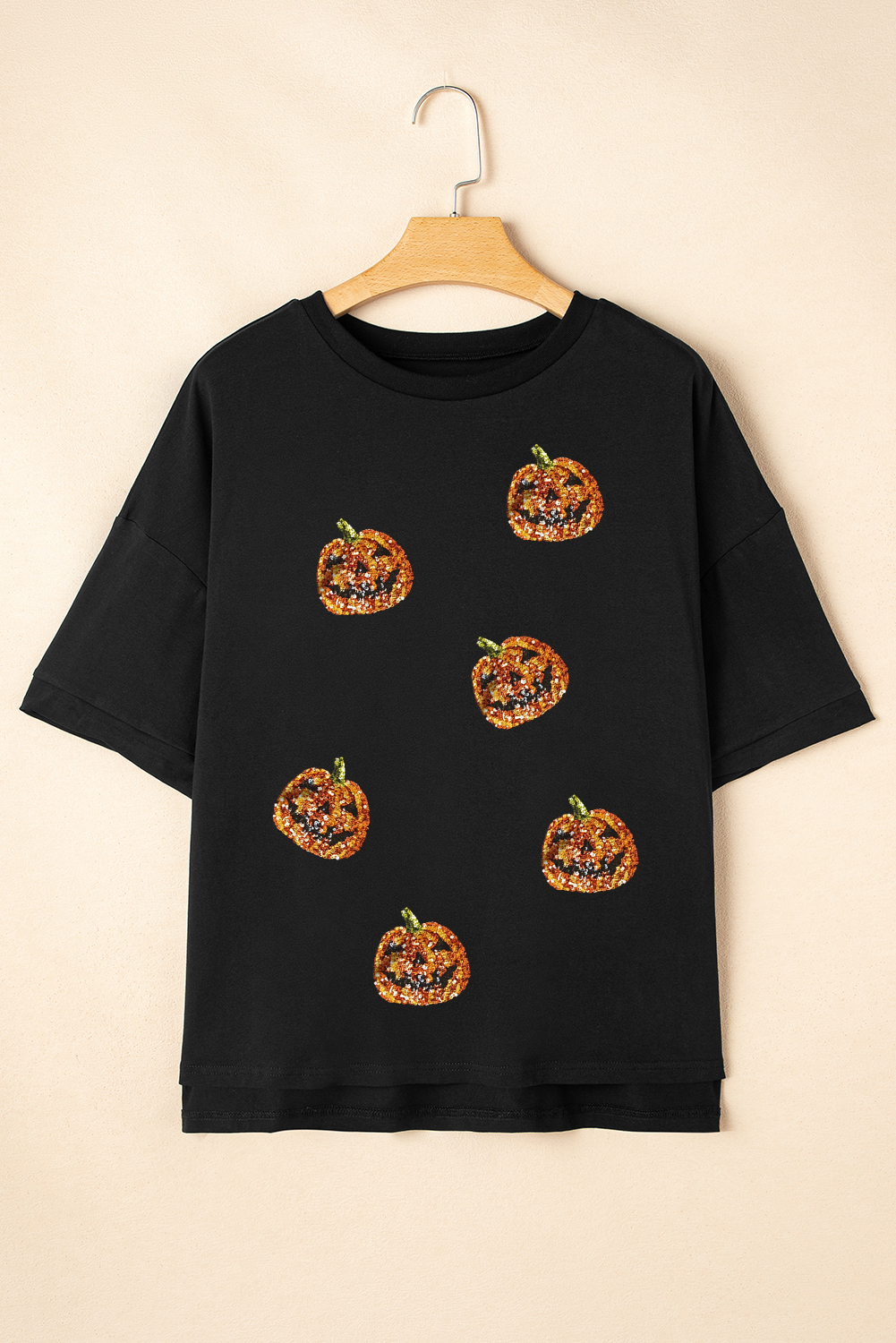 Black Sequin Jack-o-lantern Pattern Halloween Casual Tee - loveforevers