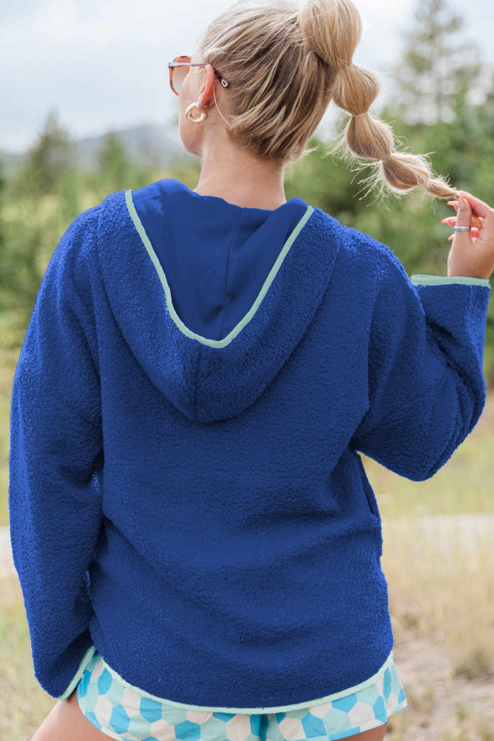 Sky Blue Sherpa Half Zip Contrast Trim Pullover Hoodie - loveforevers