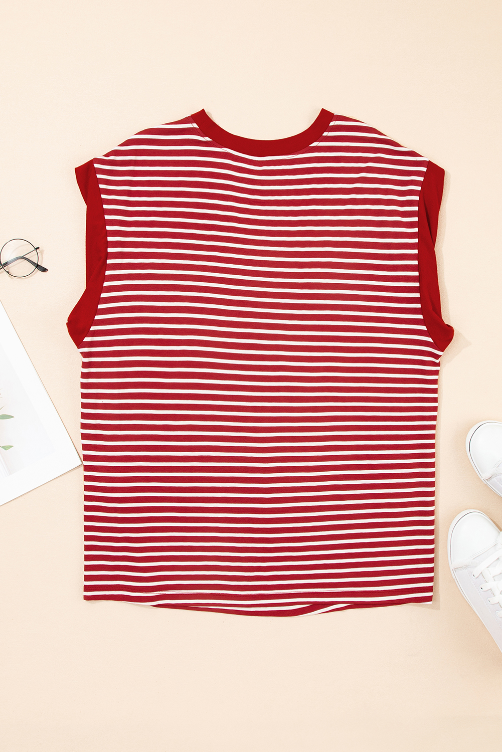 Red Stripe Chest Pocket Patch Round Neck Tank Top - loveforevers