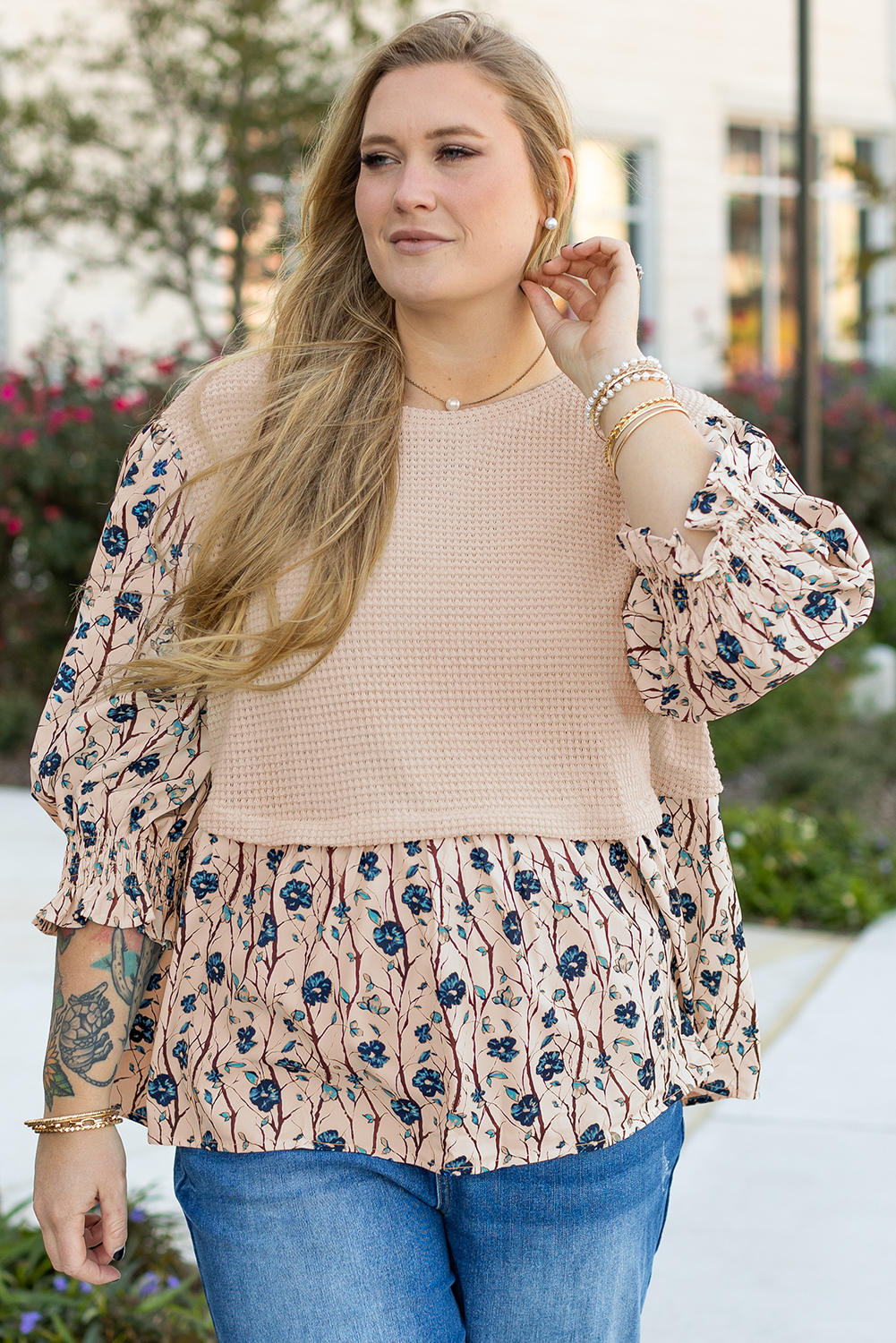 Beige Faux Two Piece Knit Patchwork Floral Print Plus Size Top - loveforevers