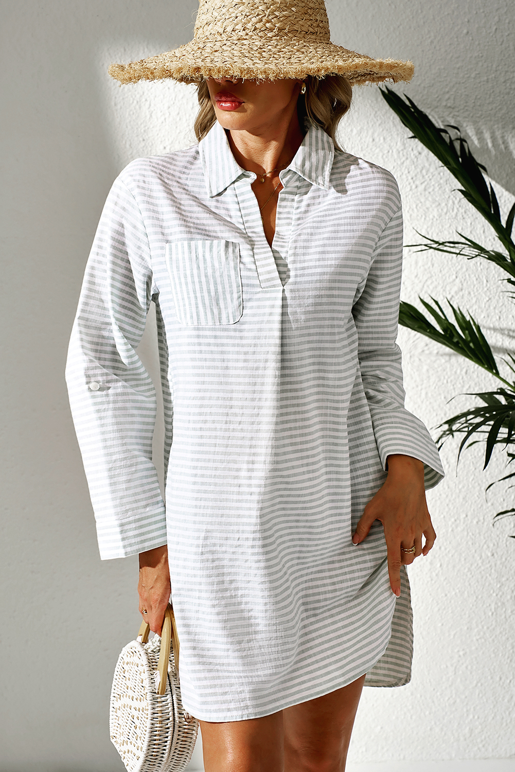 White Stripe Collared V Neck Chest Pocket Long Sleeve Beach Cover up - loveforevers