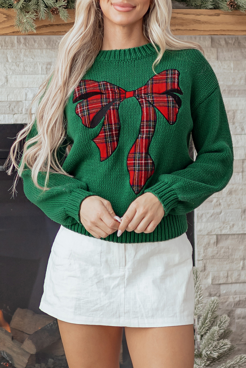 Evergreen Plaid Bow Graphic Christmas Sweater - loveforevers