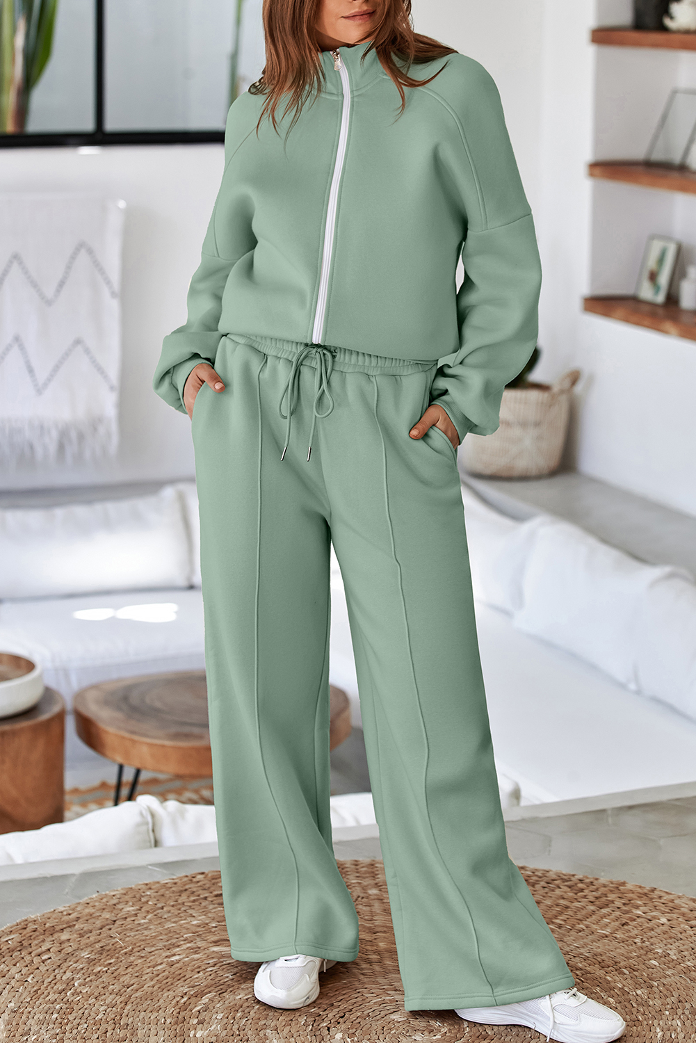 Navy Blue Drop Shoulder Zip Up Jacket Drawstring Pants Active 2pcs Set - loveforevers