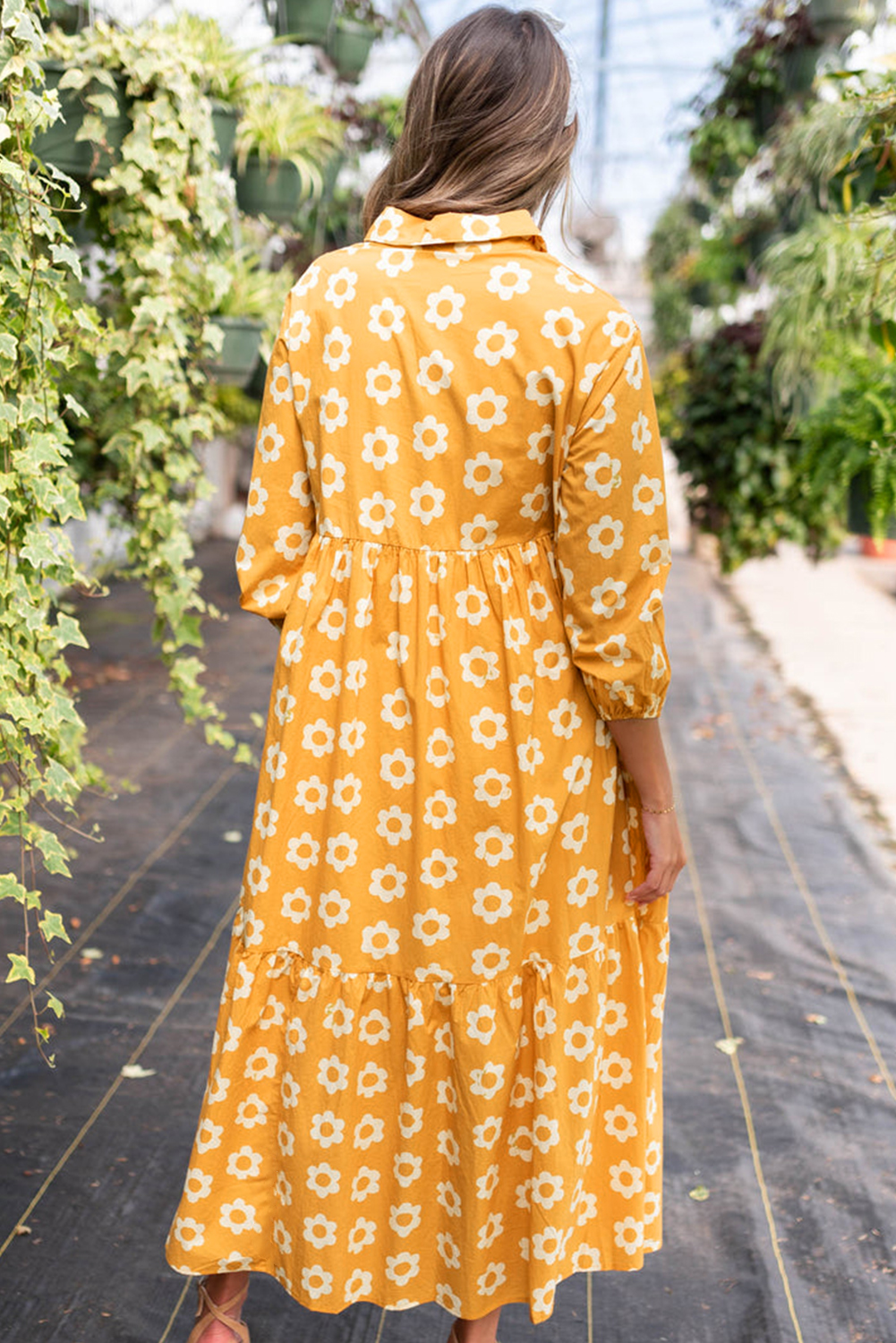 Yellow Flower Print Bracelet Sleeve Buttons Collared Maxi Dress - loveforevers