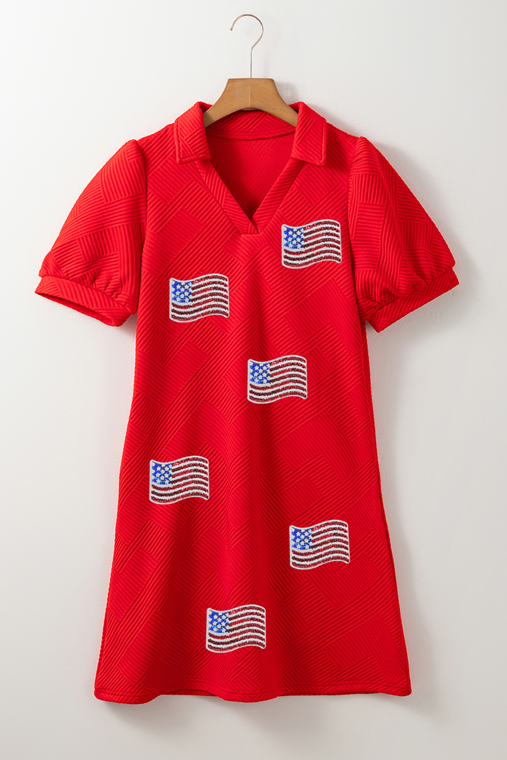 Fiery Red Sequin American Flag Patched Polo Collar Textured T Shirt Dress - loveforevers