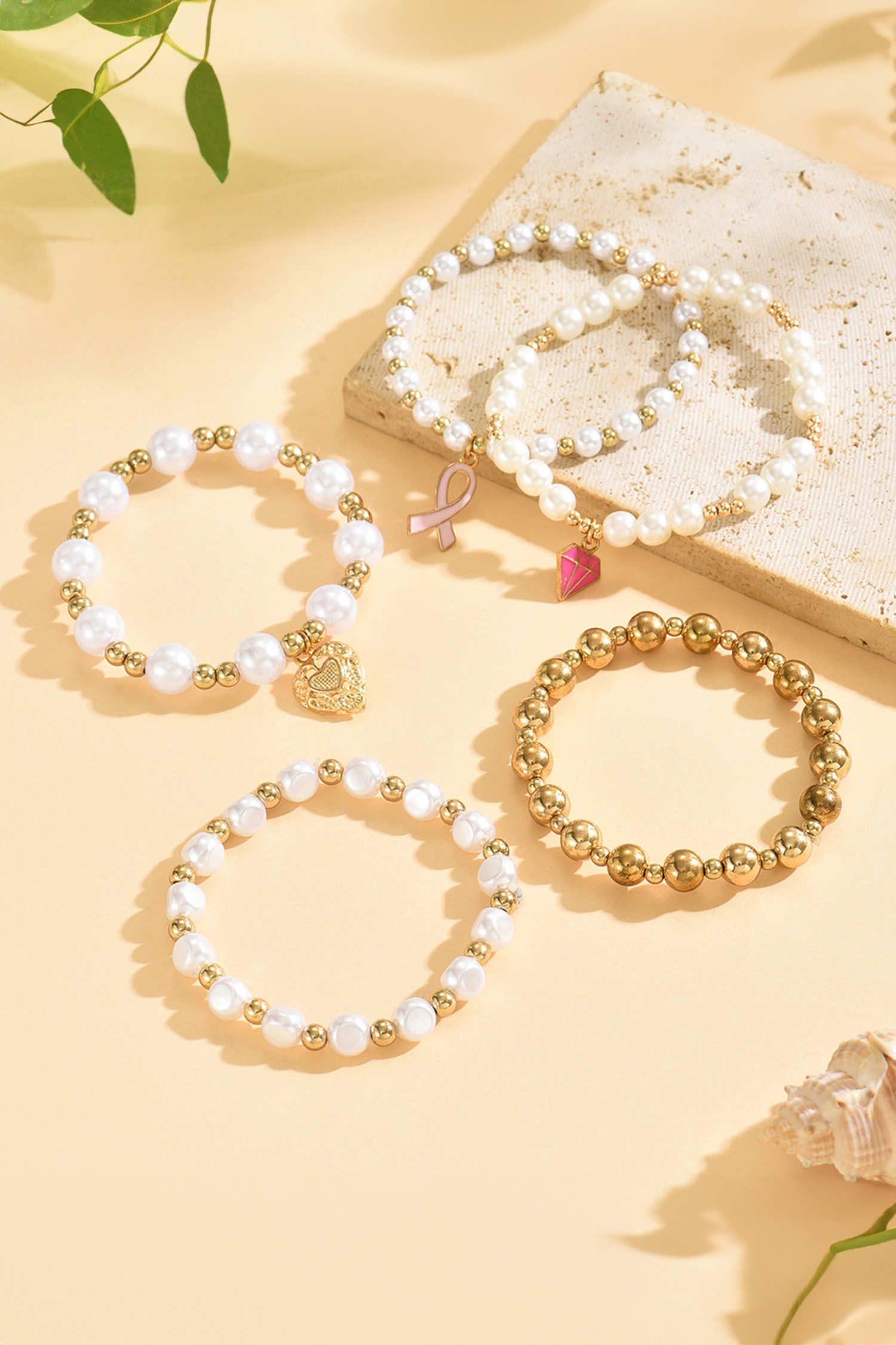 Gold Plated Pearl Beads 5pcs Valentines Day Bracelet Set - loveforevers