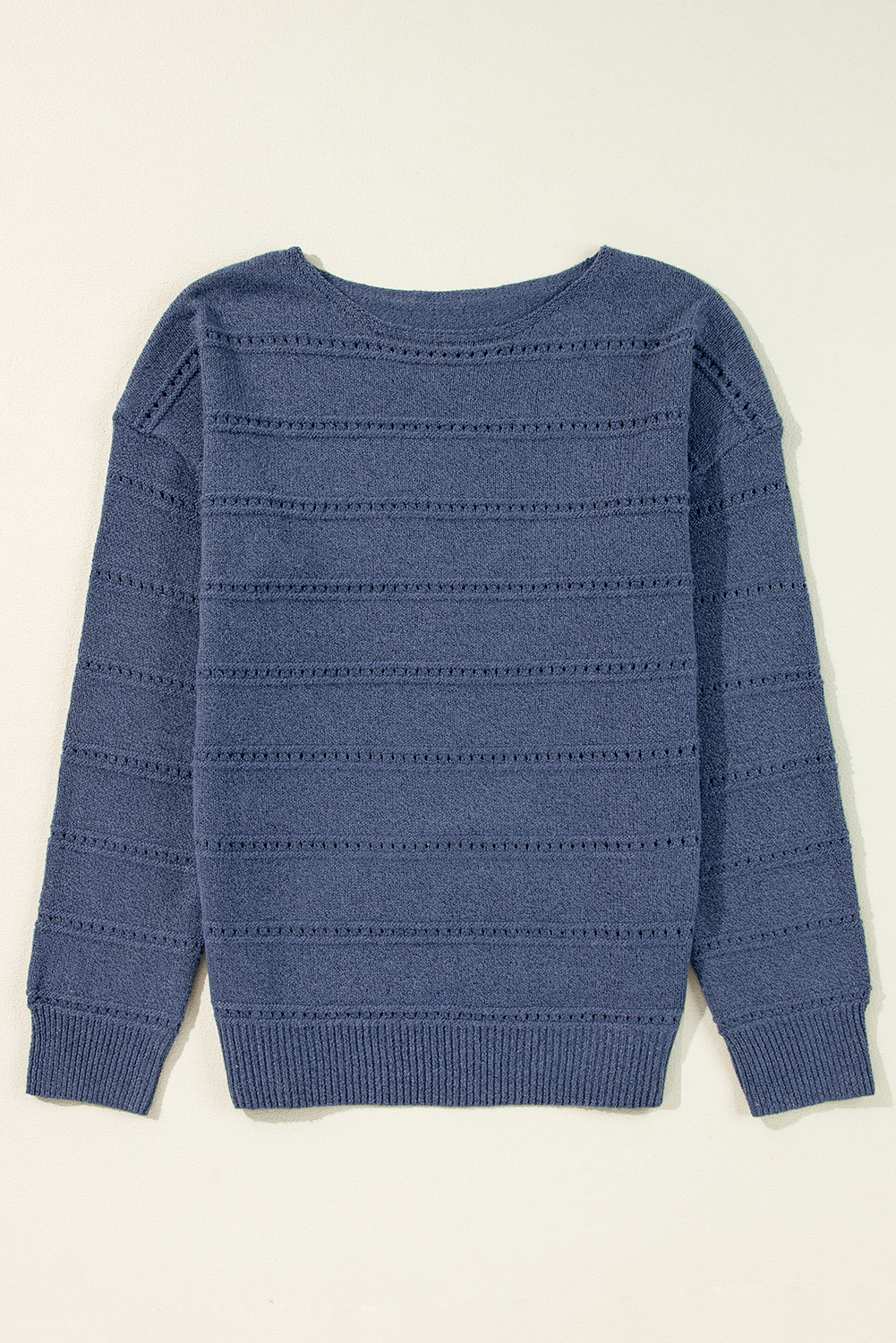 Real Teal Boat Neck Drop Shoulder Pointelle Knit Sweater - loveforevers
