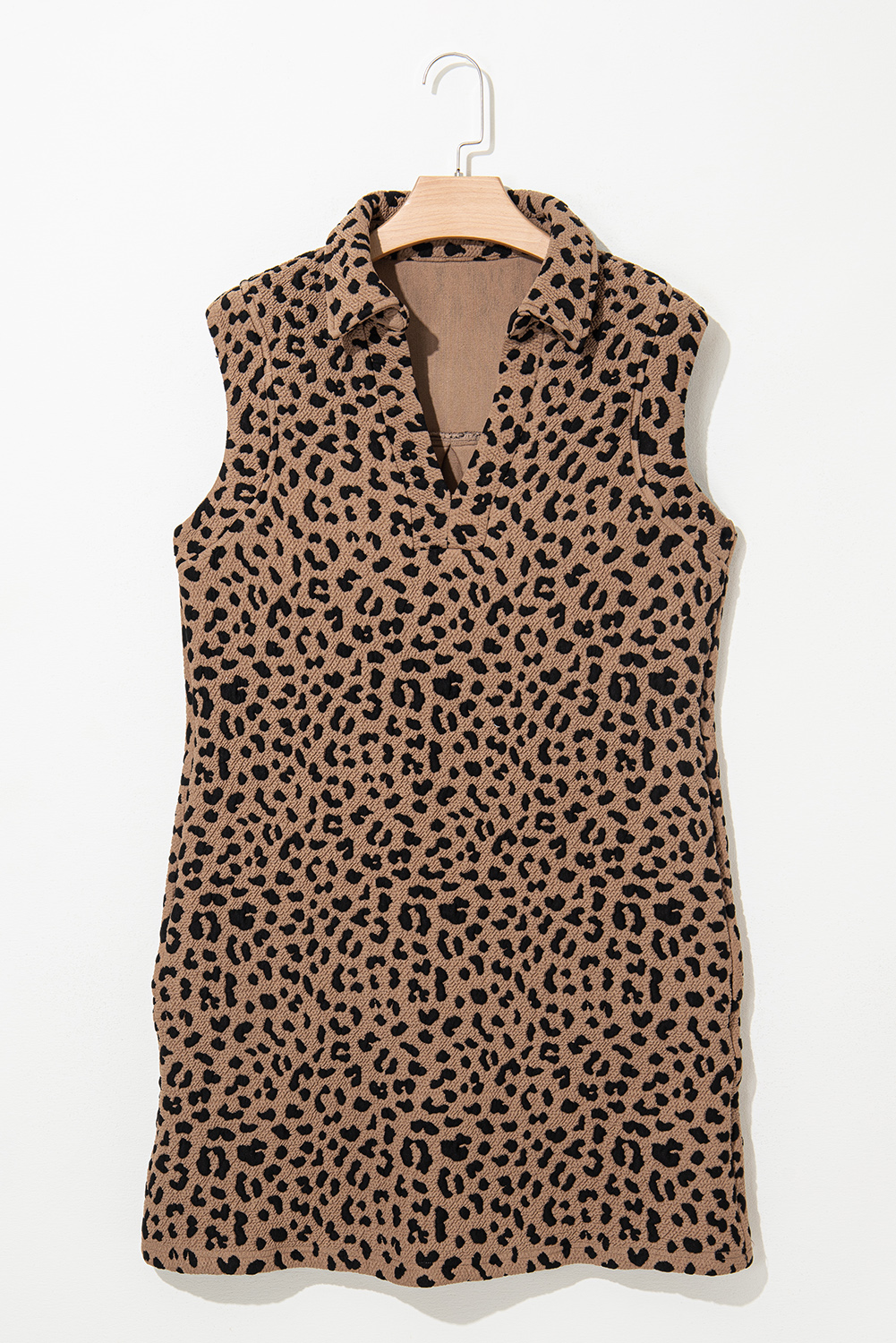 Khaki Leopard Print V Neck Sleeveless Collared Mini Dress - loveforevers