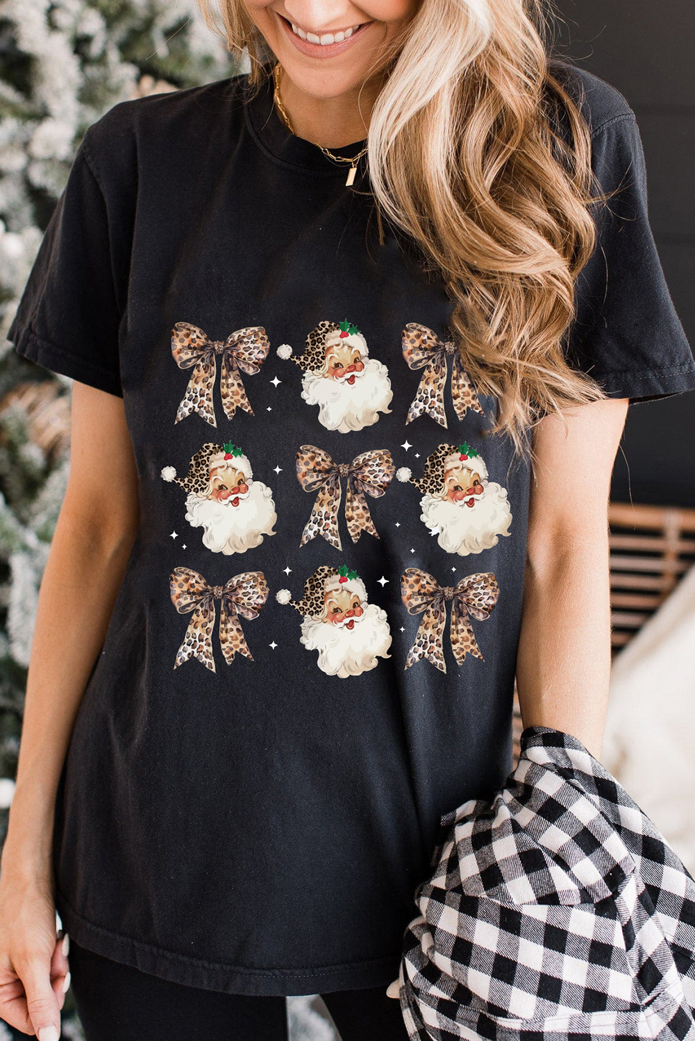 Black Santa Claus Leopard Bow Print Crew Neck Casual T Shirt - loveforevers