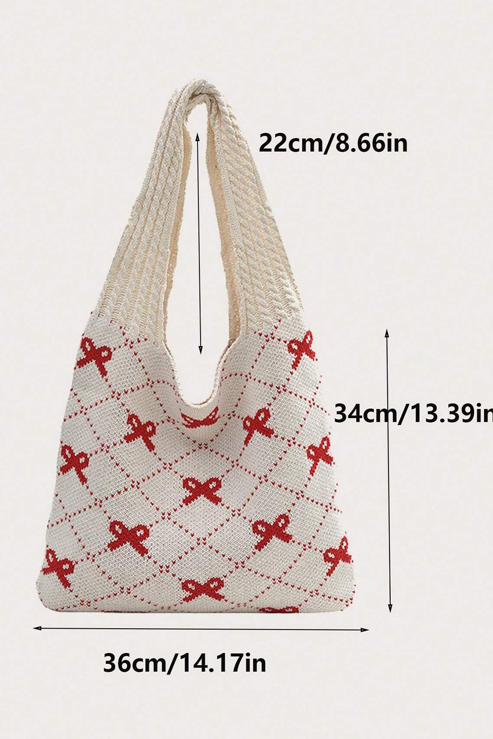 Fiery Red Bow Argyle Pattern Cable Knit Handle Tote Bag - loveforevers