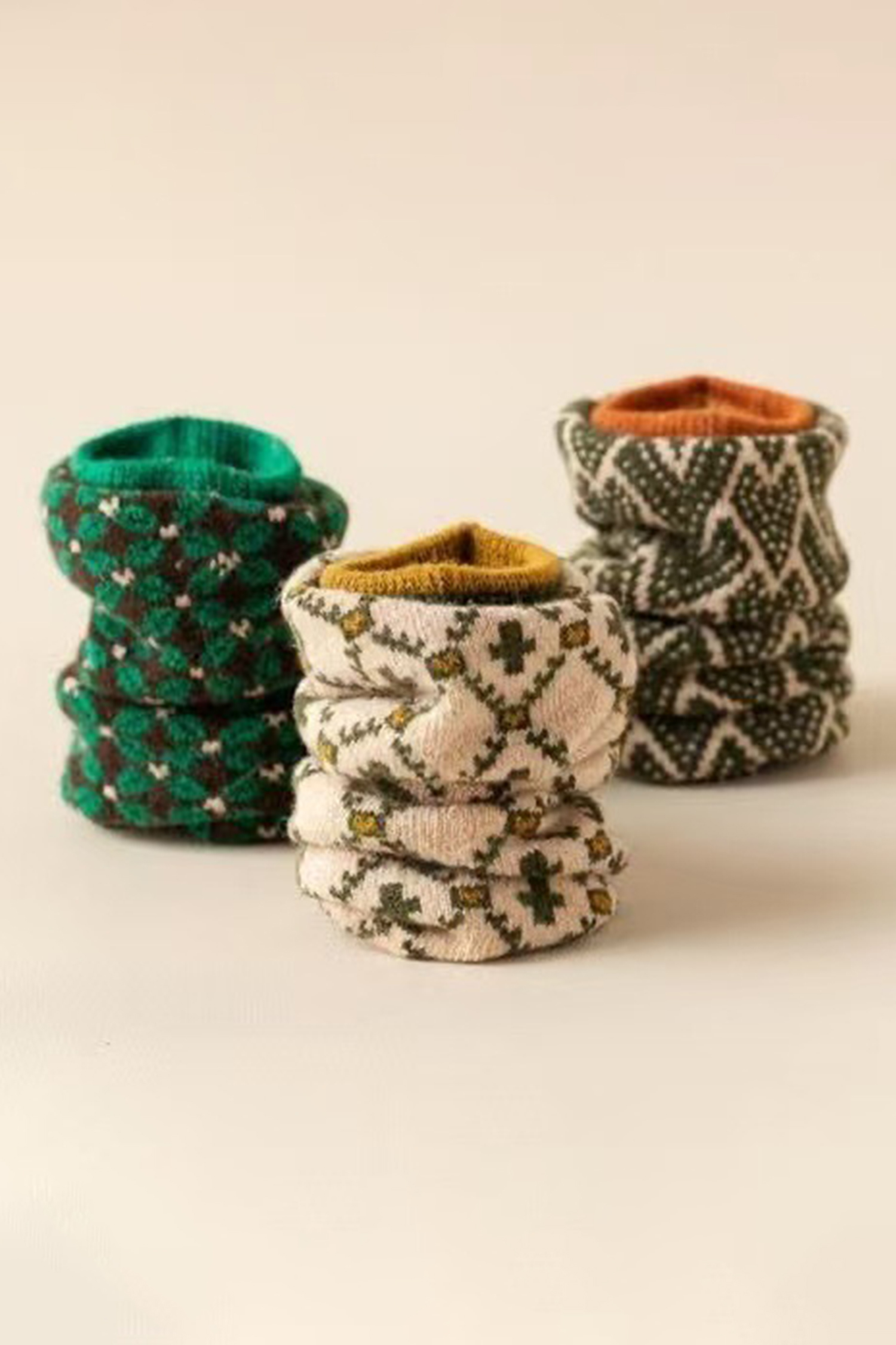 Guacamole Green 5 Pairs Retro Geometric Pattern Combed Cotton Socks Set - loveforevers