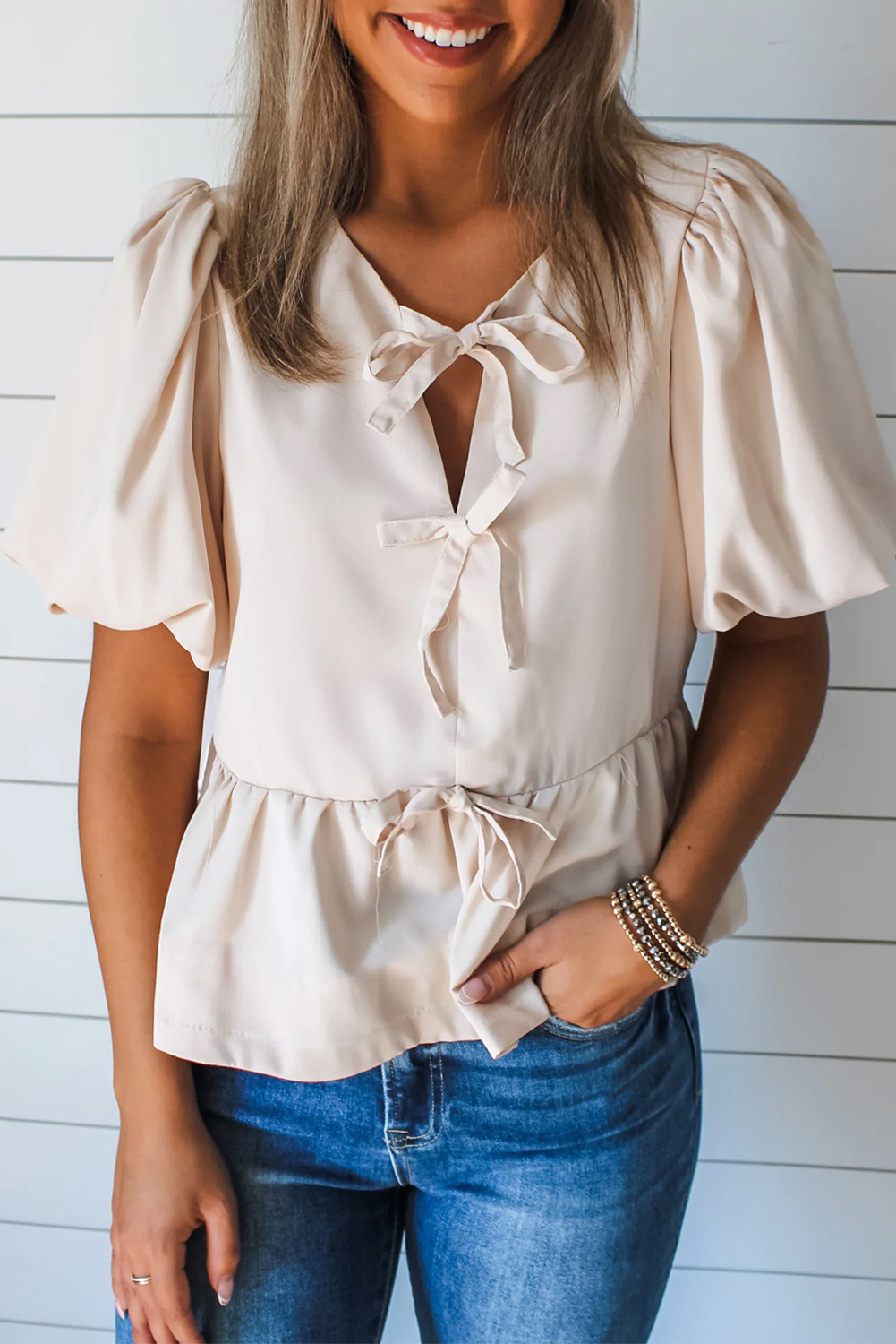 White Bow Tie Short Puff Sleeve Ruffle Hem Blouse - loveforevers