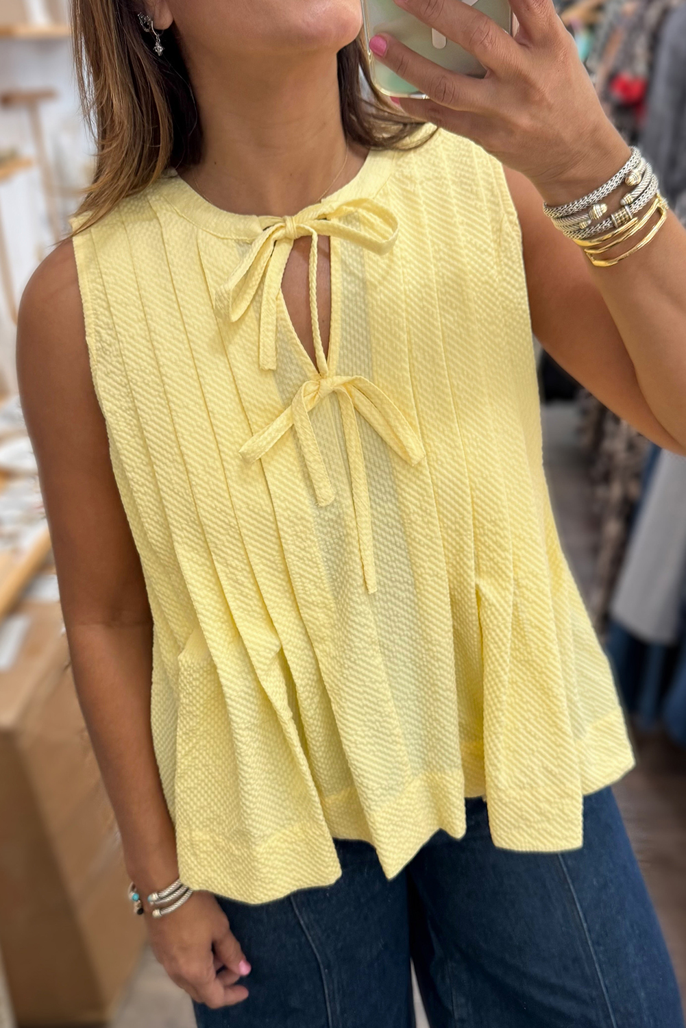 Yellow Cream Bow Tie Notched Neck Pleated Tank Top - loveforevers