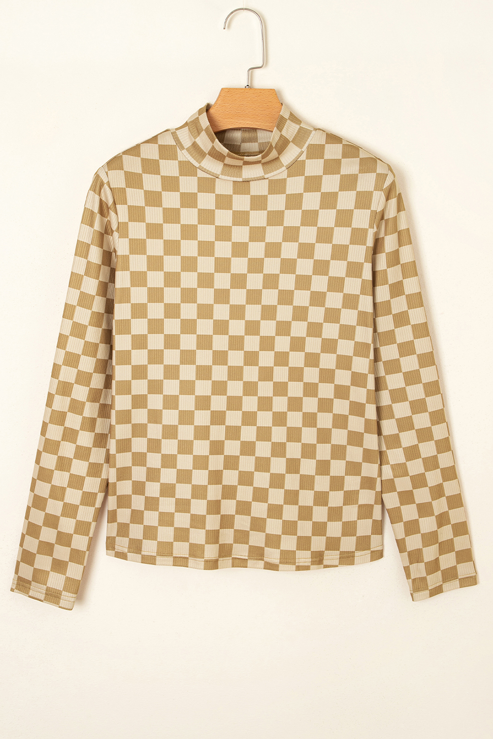 Khaki Check Pattern Turtleneck Ribbed Slim Long Sleeve Tee - loveforevers