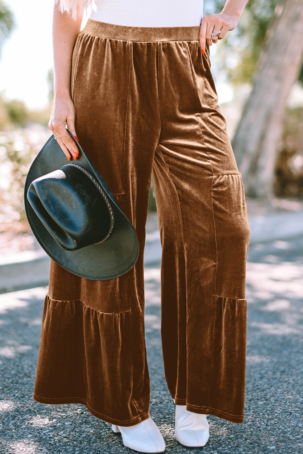 Chestnut Ruffle Hem Wide Leg Velvet Pants - loveforevers