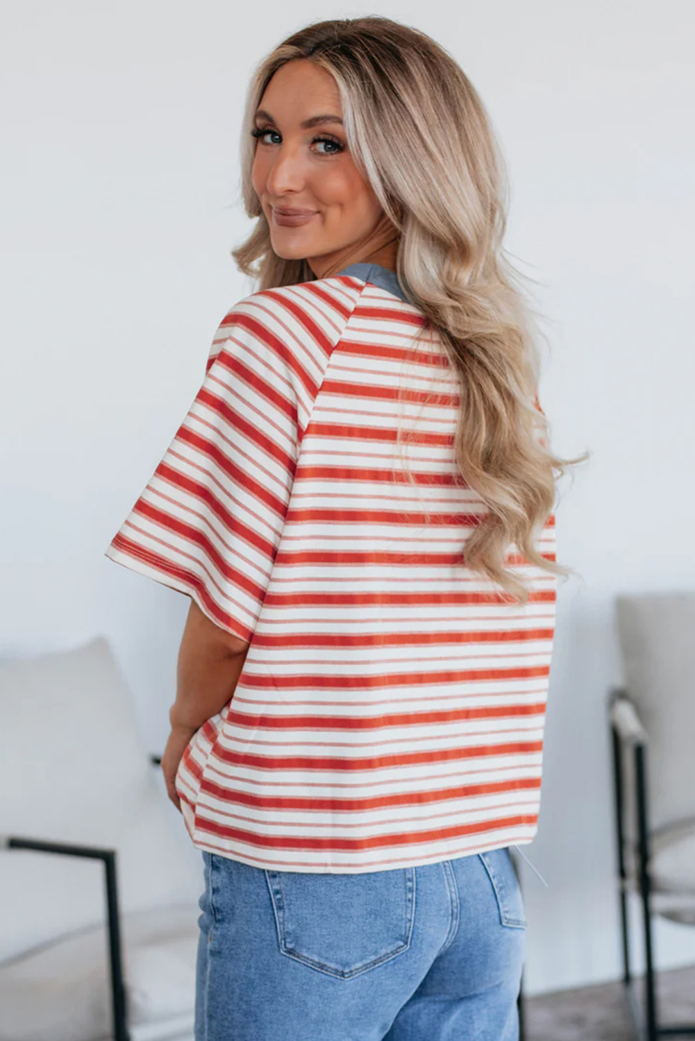 Tomato Red Stripe Print Contrast Collar Raglan Sleeve T Shirt - loveforevers