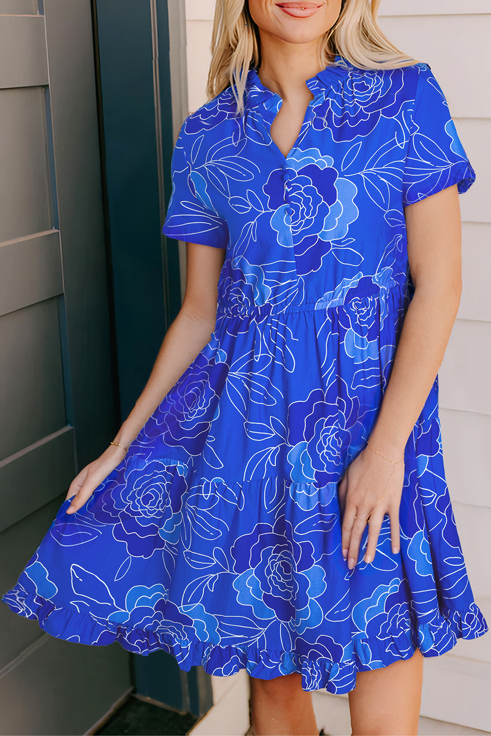 Blue Floral Ruffled Hem V Neck Short Sleeve Flowy Mini Dress - loveforevers