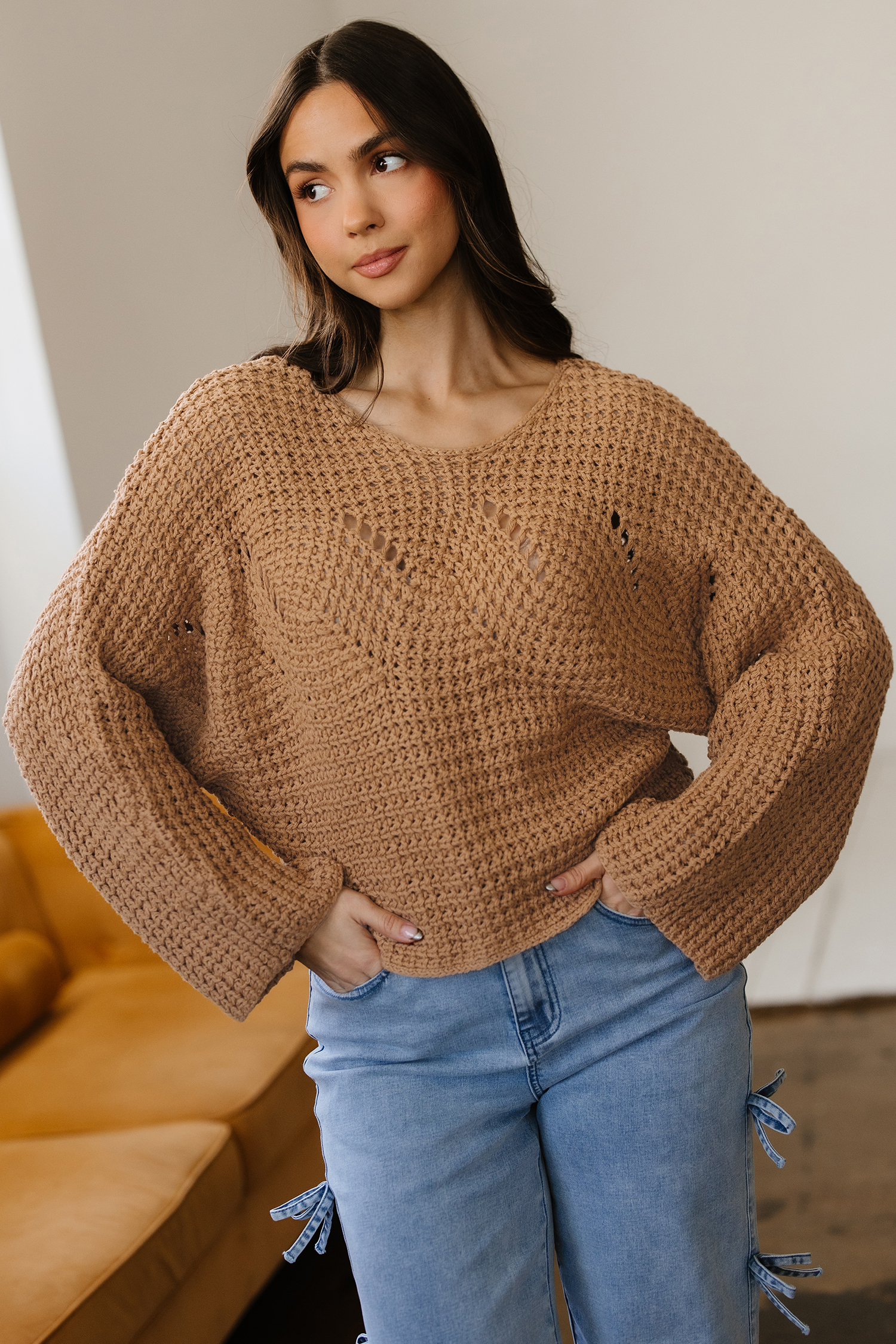 Camel Hollowed Detail Wide Sleeve Loose Pullover Sweater - loveforevers