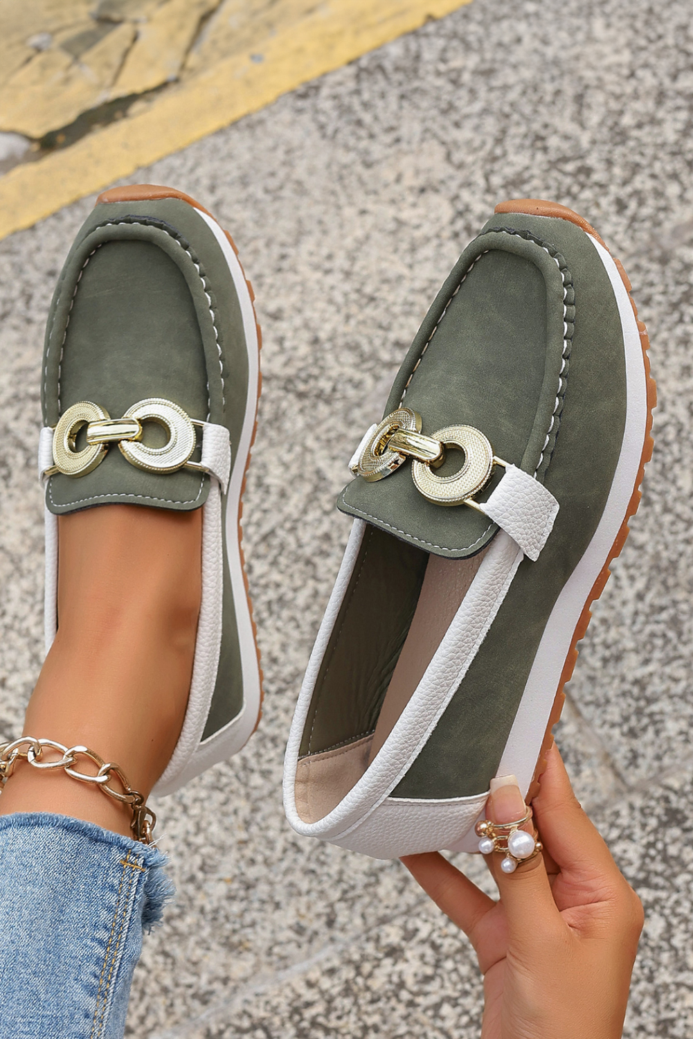 Blackish Green Metal Ring Decor Thick Sole Slip On Loafers - loveforevers