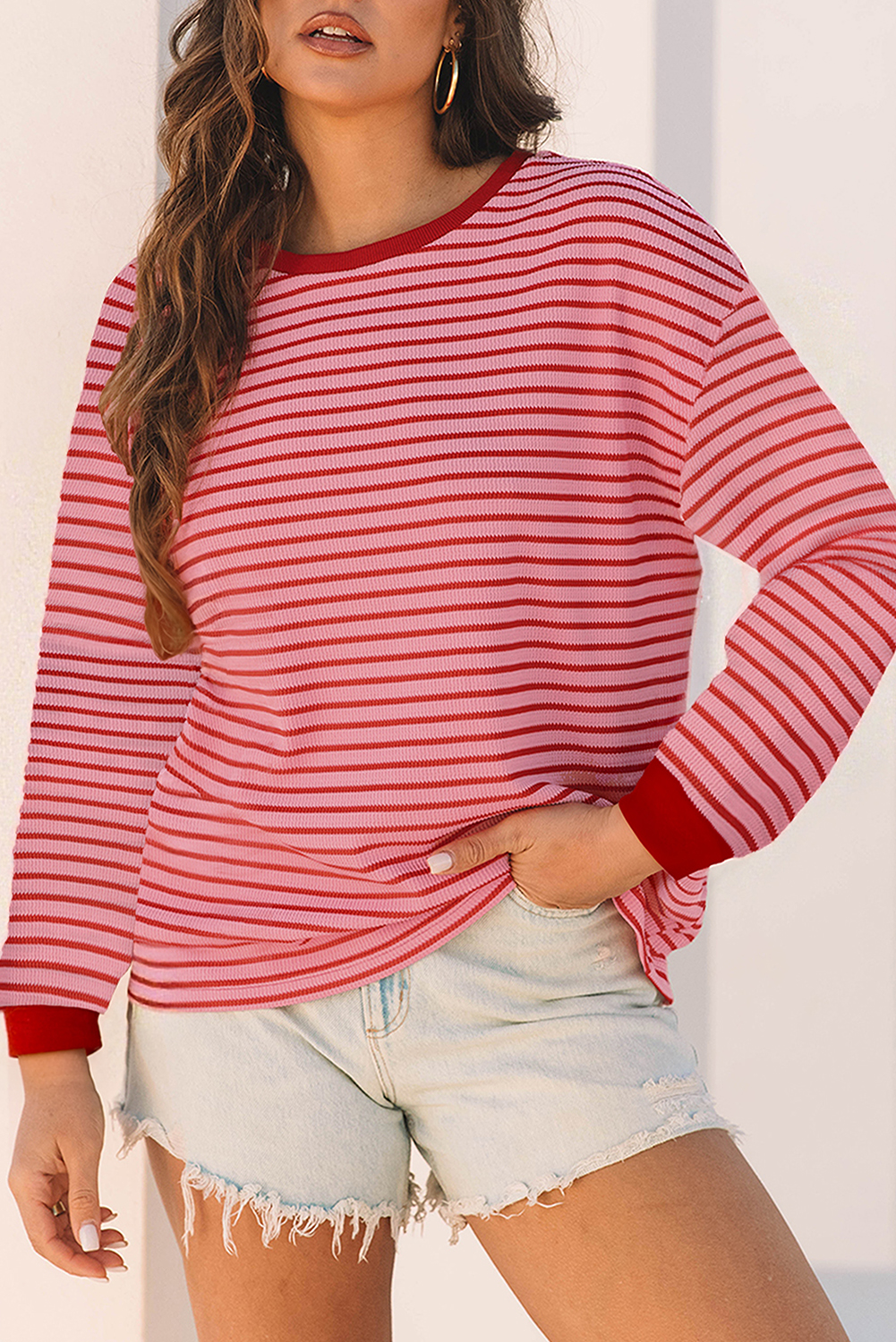 Pink Stripe Textured Round Neck Drop Shoulder Long Sleeve T Shirt - loveforevers