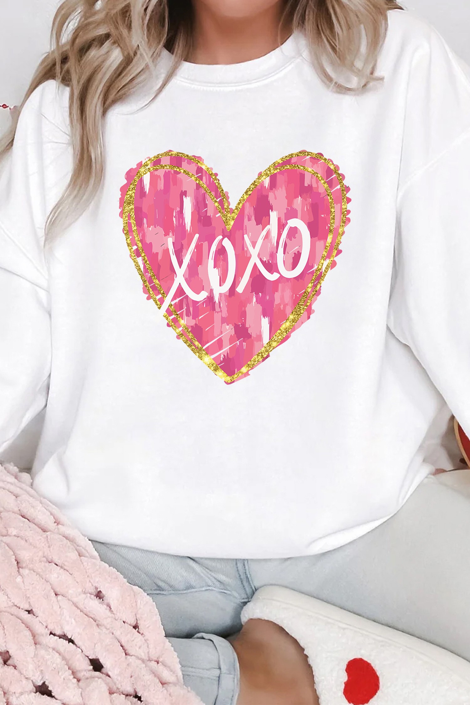 White xoxo Glitter Trim Brushstroke Heart Printed Pullover Sweatshirt - loveforevers