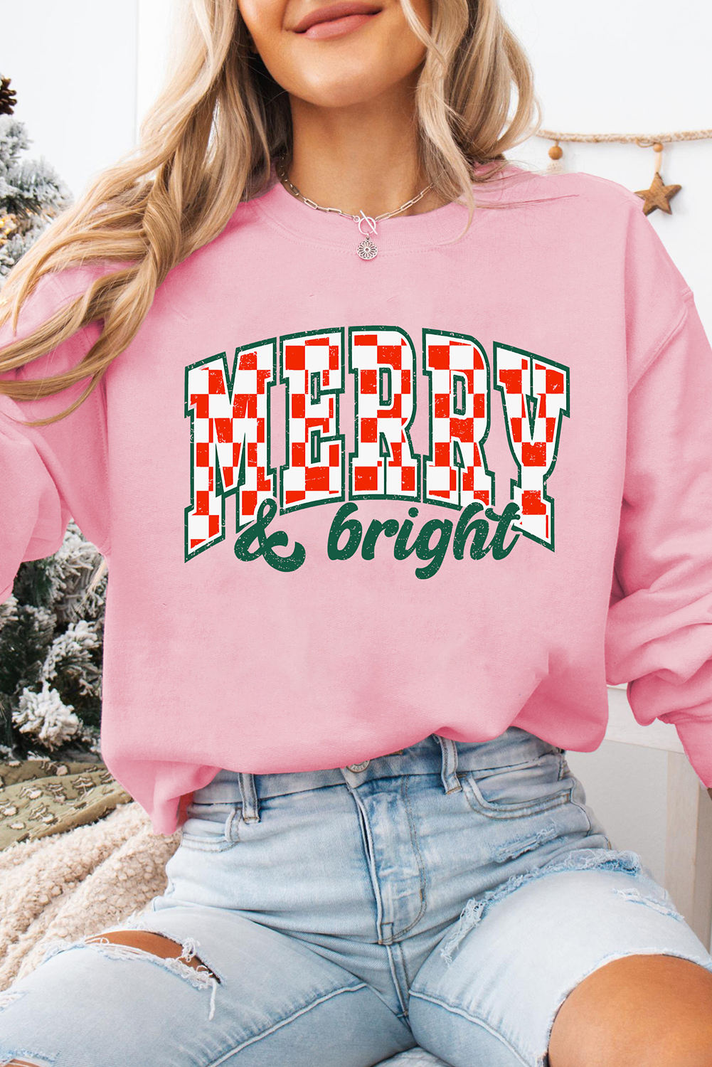 Pink MERRY & Bright Graphic Holiday Pullover Sweatshirt - loveforevers
