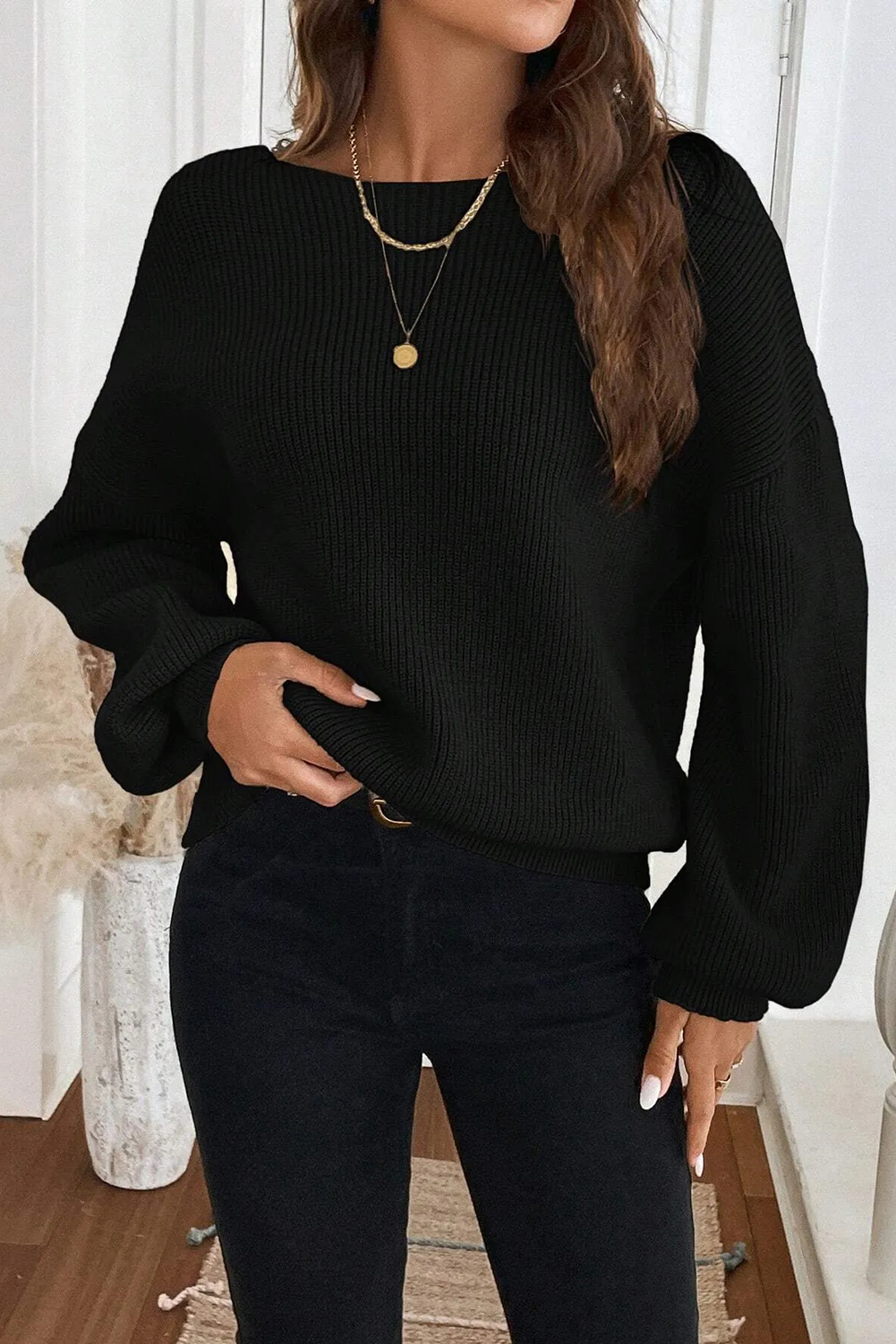 Black Ribbed Knit Ribbon Knot Backless Drop Shoulder Sweater - loveforevers
