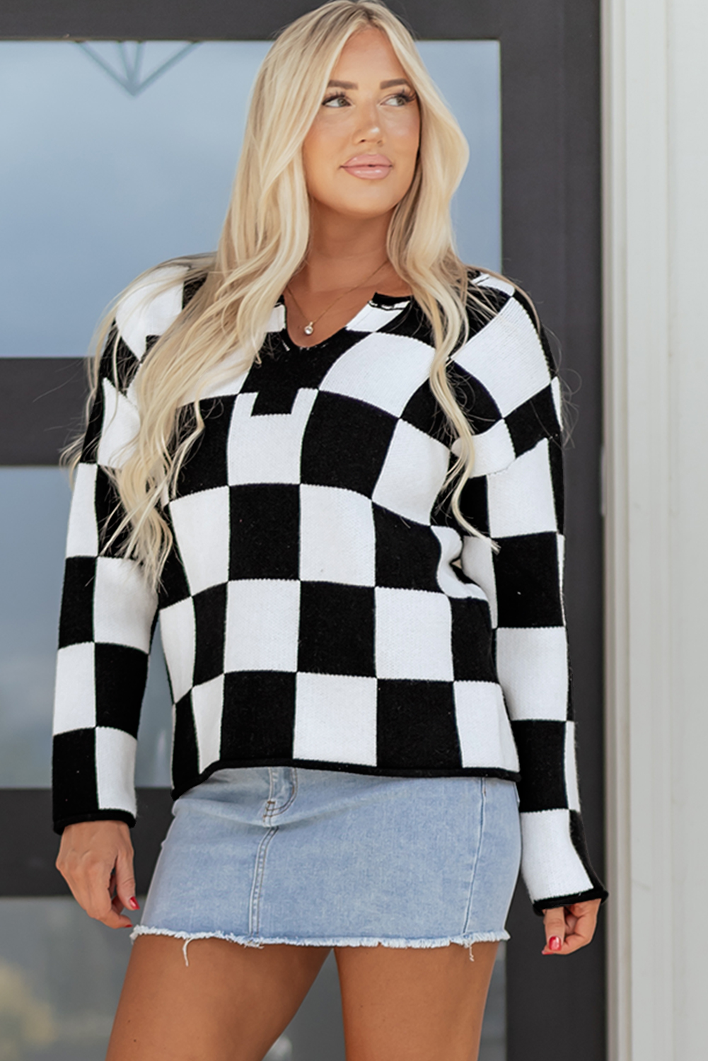 Black Checked Notched Neckline Drop Shoulder Knit Sweater - loveforevers
