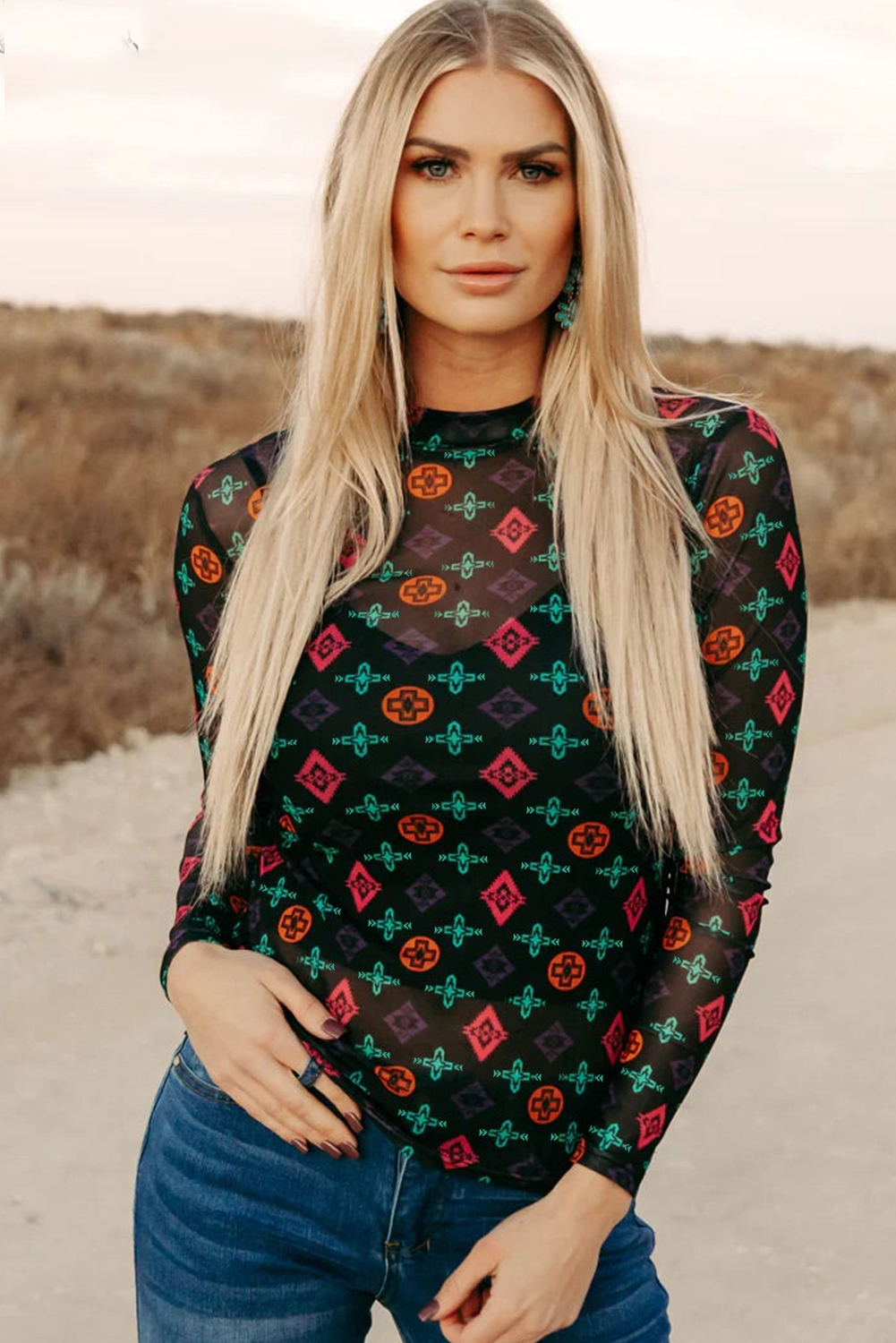 Black Western Aztec Printed Long Sleeve Mesh Top - loveforevers