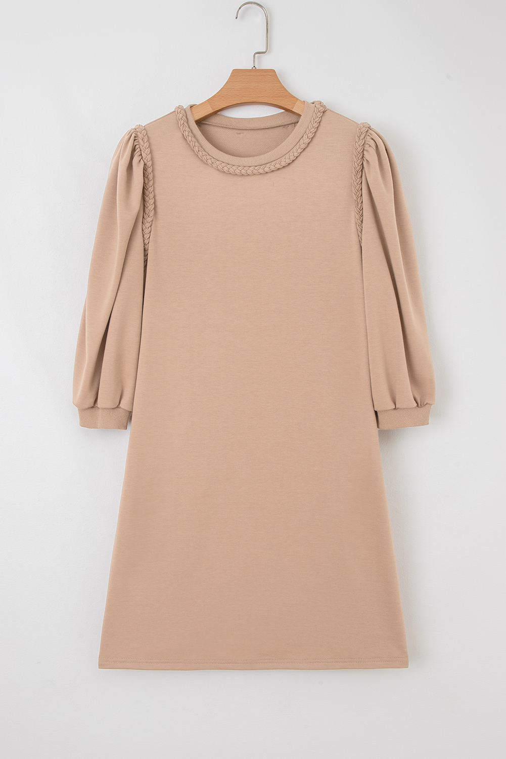 Light French Beige Braided Trim Puff Sleeve Dress - loveforevers