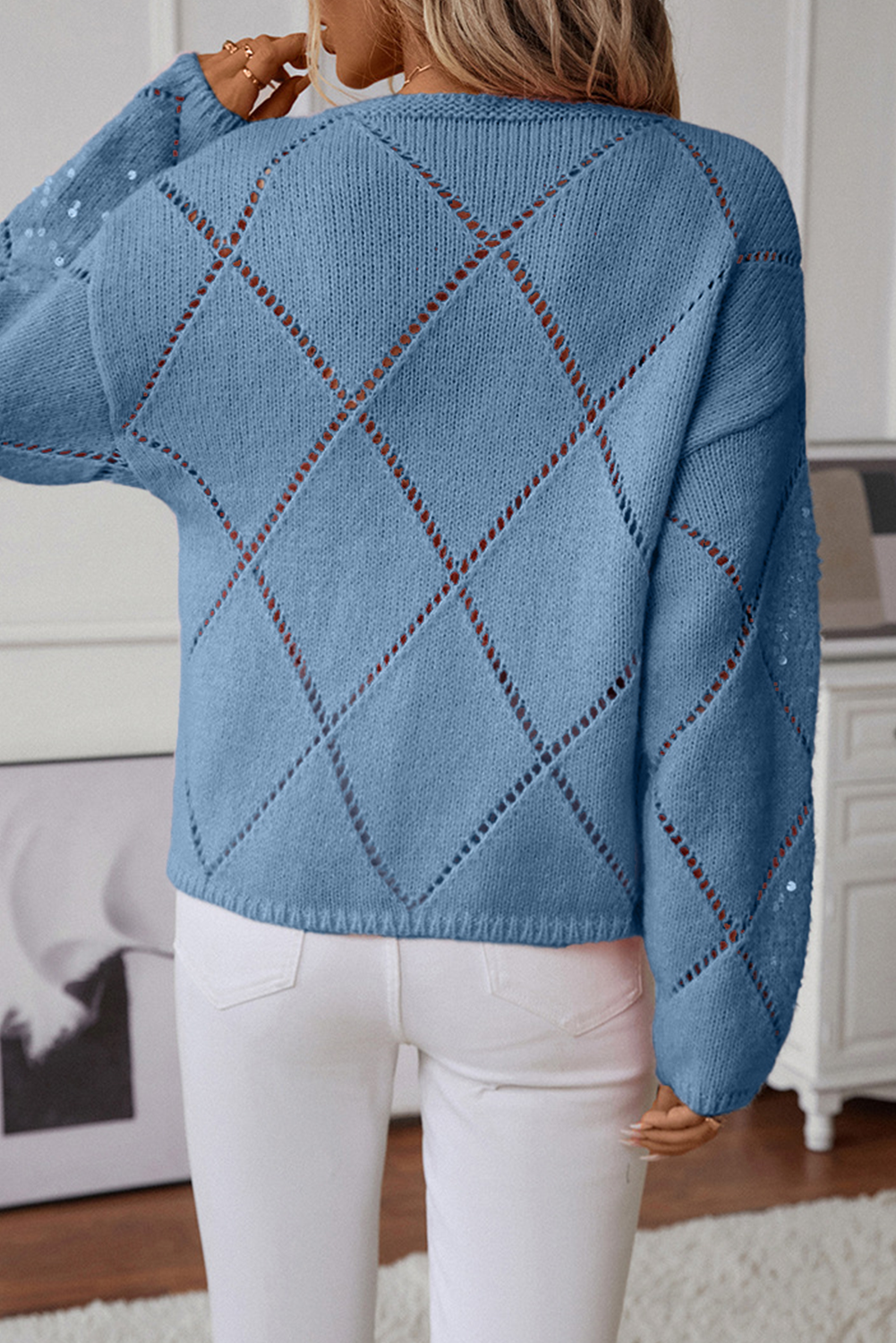 Dusk Blue Hollowed Rhombus Pattern Sequin Detail Round Neck Sweater - loveforevers