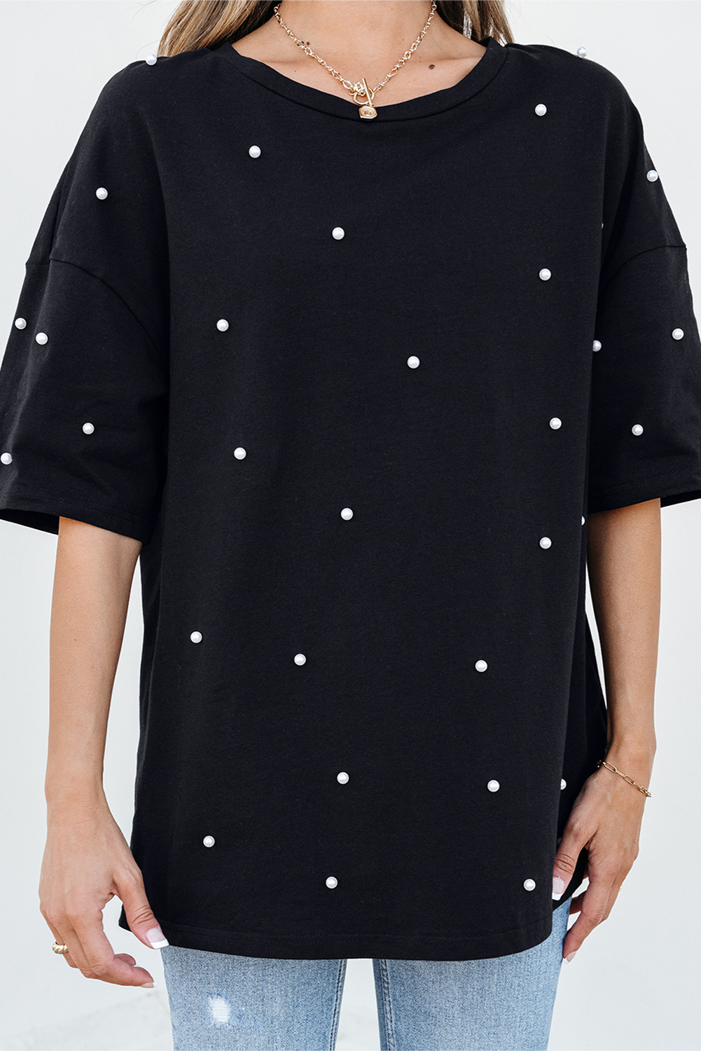 Black Pearl Beaded  Drop Shoulder Crewneck T Shirt - loveforevers