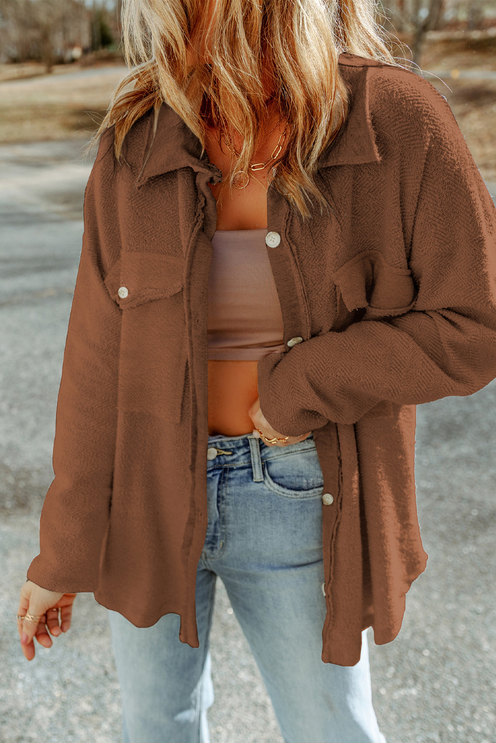 Brown Exposed Seam Terry Patchwork Shacket - loveforevers