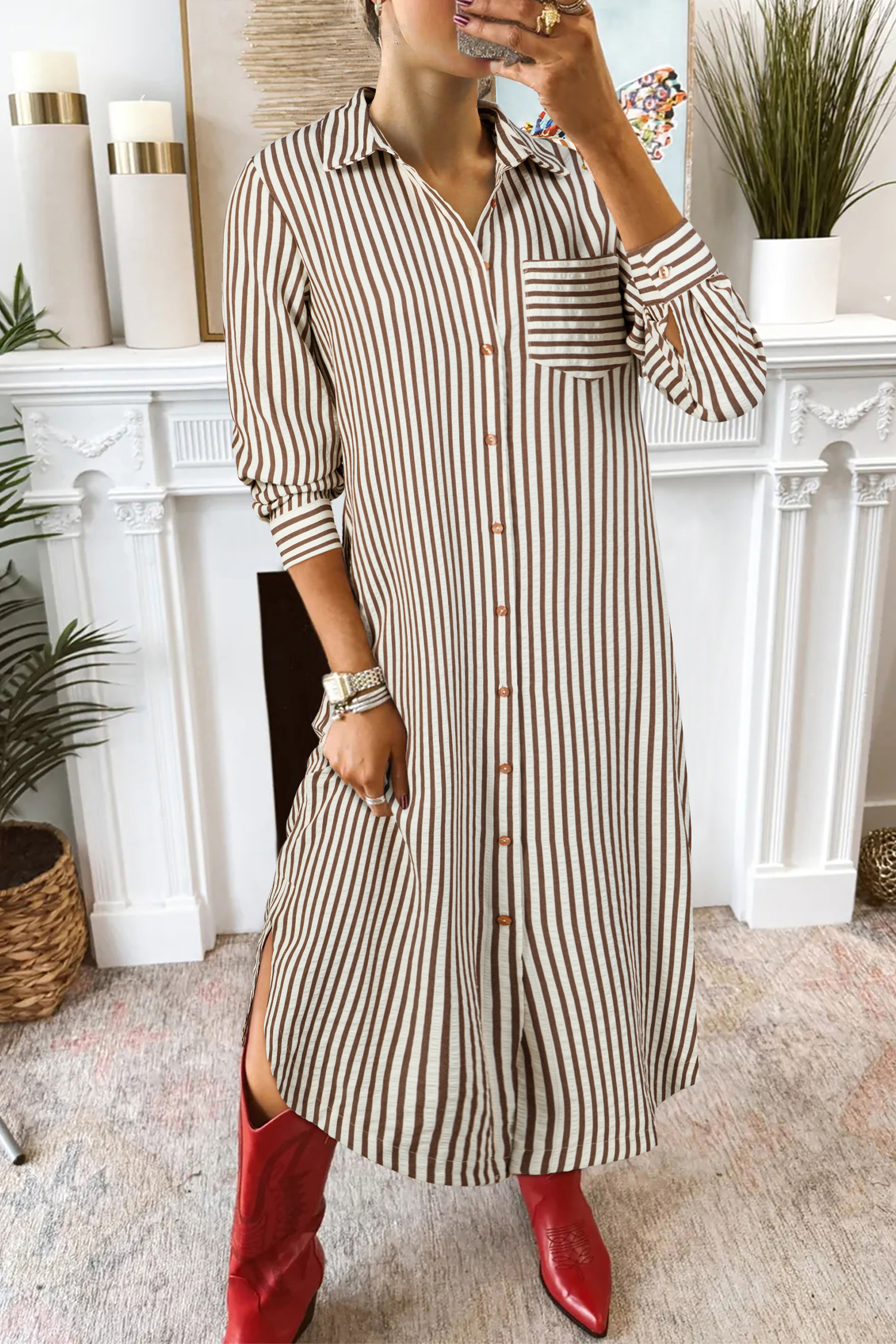 Brown Stripe Textured 3/4 Sleeve Round Hem Split Midi Shirt Dress - loveforevers