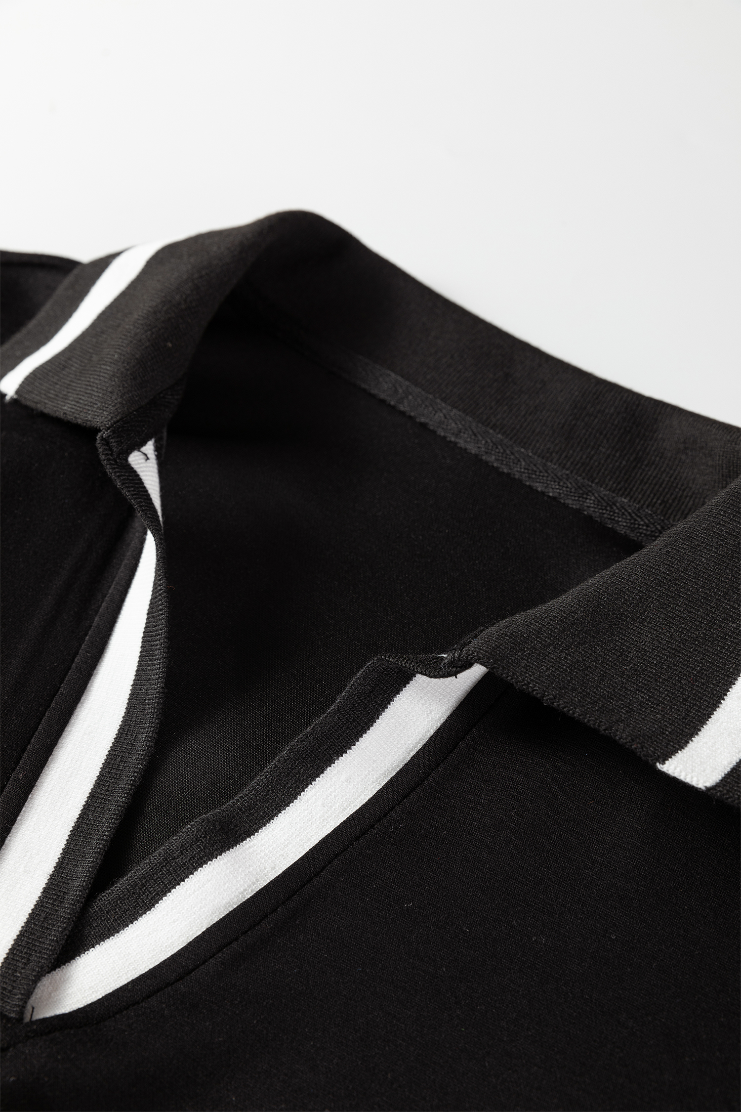 Black Striped Trim V Neck Collared Long Sleeve Shift Mini Dress - loveforevers