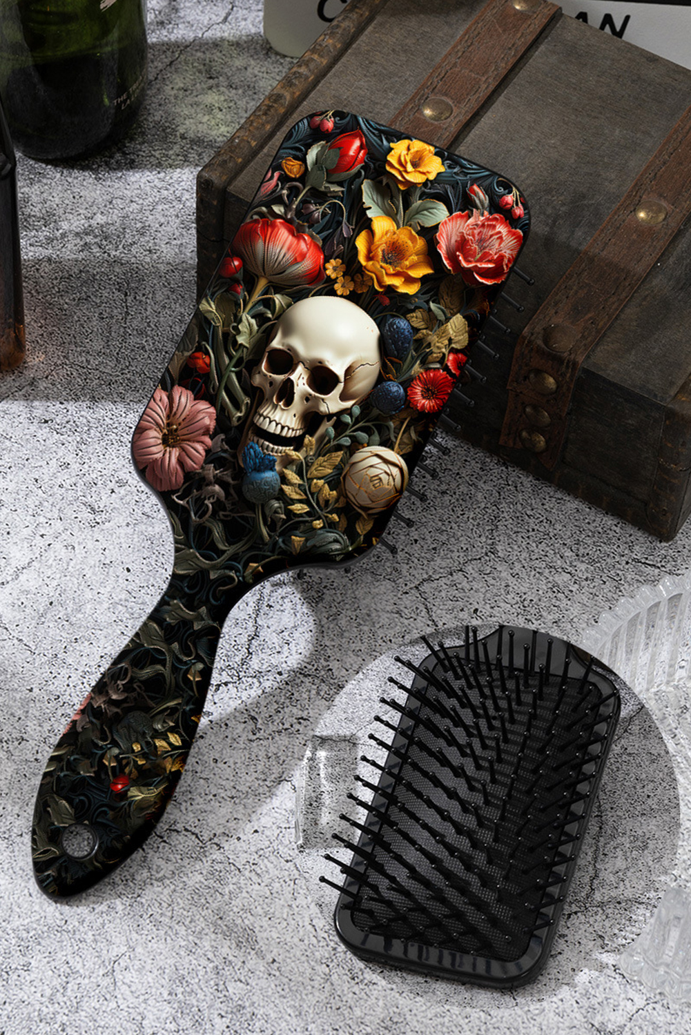 Black Gothic Flower Skull Print Air Cushion Comb - loveforevers