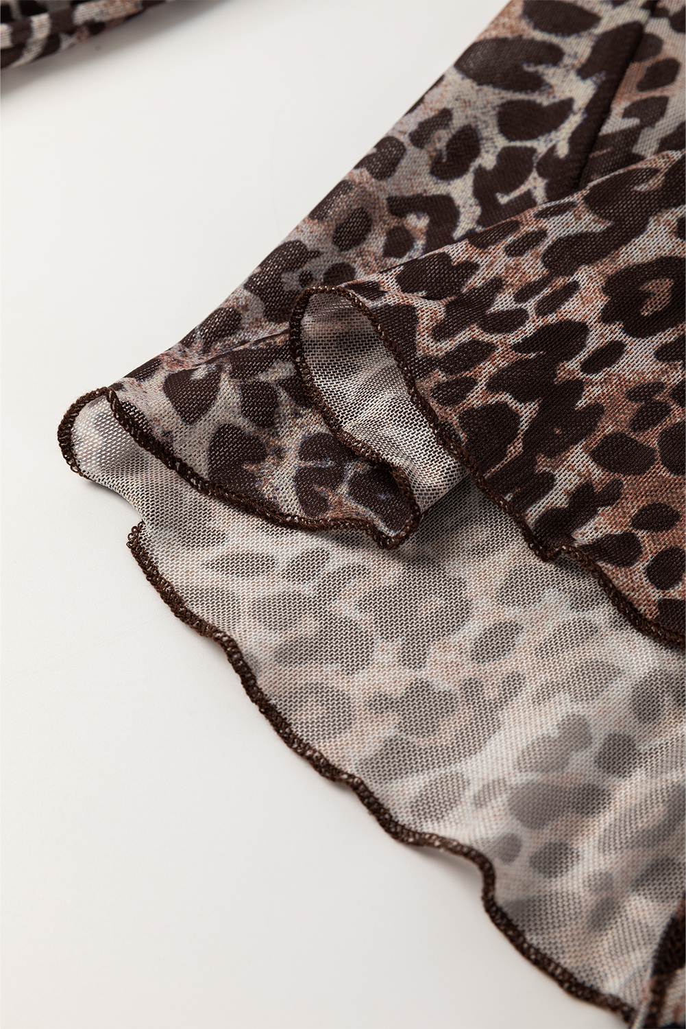 Multicolour Leopard Sheer Mesh Long Sleeve V Neck Lace-up Blouse - loveforevers