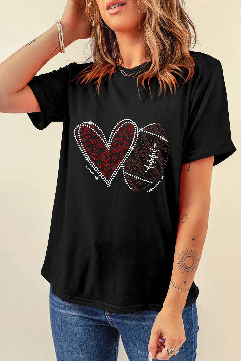 Black Rhinestone Rugby Football Heart Shape Graphic T Shirt - loveforevers