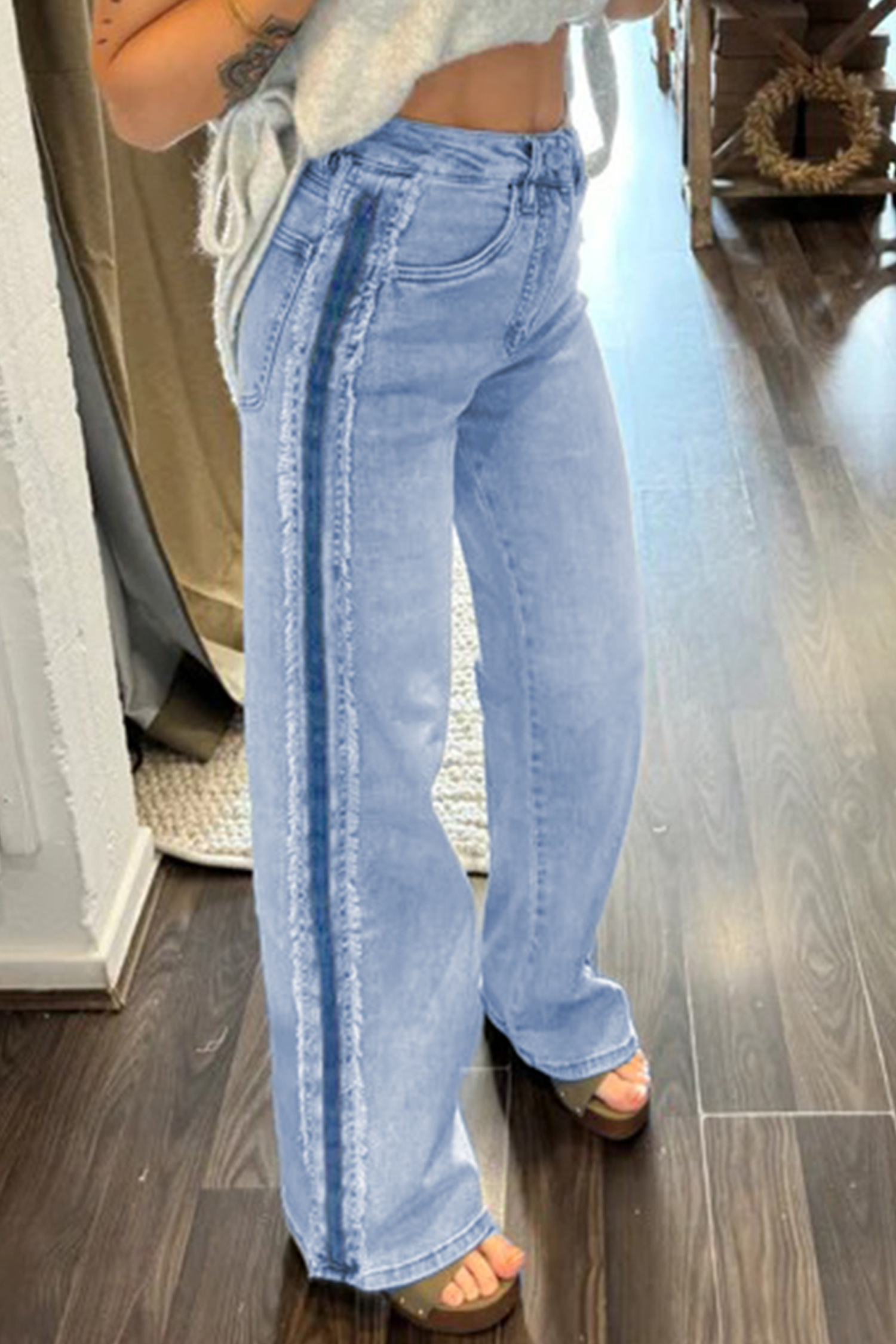Beau Blue Contrast Stripe Frayed Side Panel Patchwork Shift Jeans - loveforevers