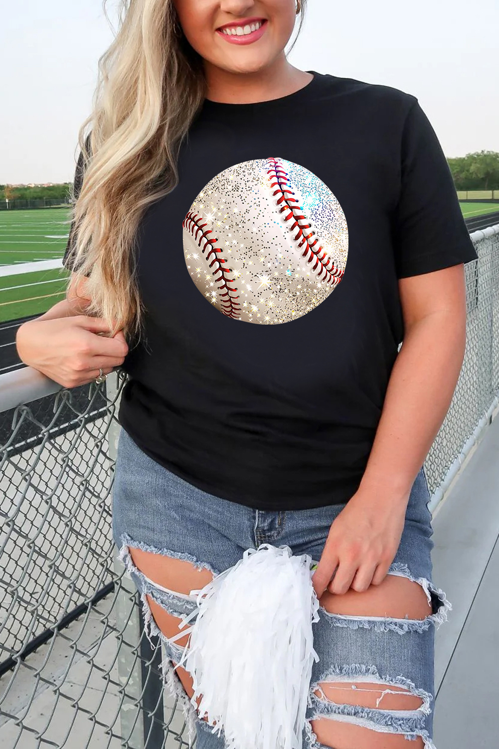 Black Heat Transfer Baseball Print Cotton Blend T Shirt - loveforevers