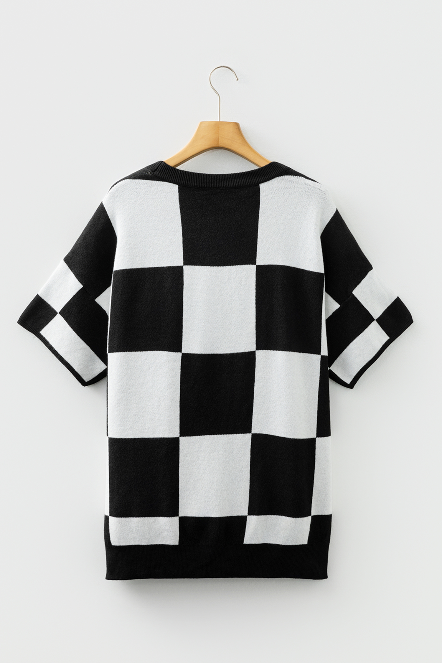 Black Checkered Pattern Loose Drop Shoulder Half Sleeve Sweater - loveforevers