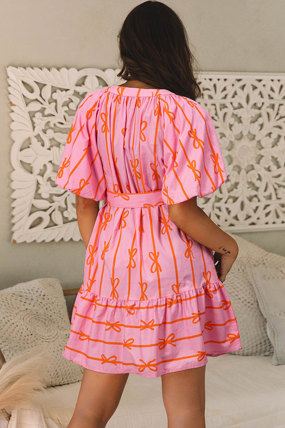 Pink Bowknot Striped Printed Bubble Sleeve Buttoned Belted Mini Dress - loveforevers