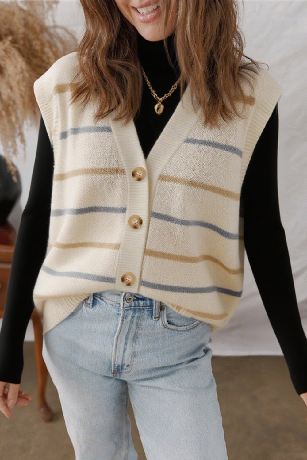 Multicolour Striped Print Button V Neck Sweater Vest - loveforevers