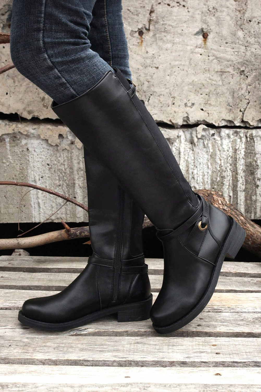 Black Side Zipper Knee High Chunky Low Heel Boots - loveforevers