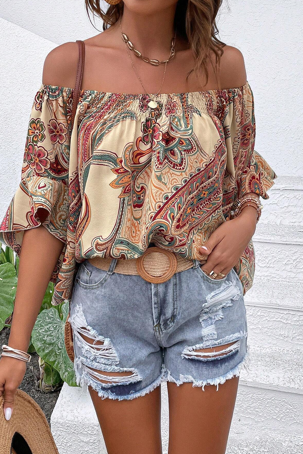 Apricot Paisley Printed Shirred Off Shoulder Ruffled Draped Sleeve Blouse - loveforevers