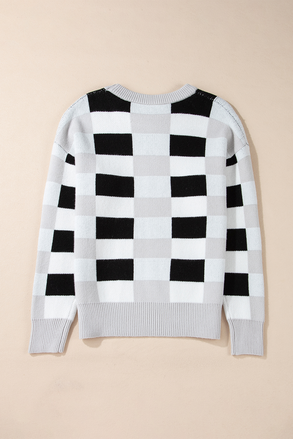 Khaki Checkered Ribbed Edge O Neck Drop Shoulder Sweater - loveforevers