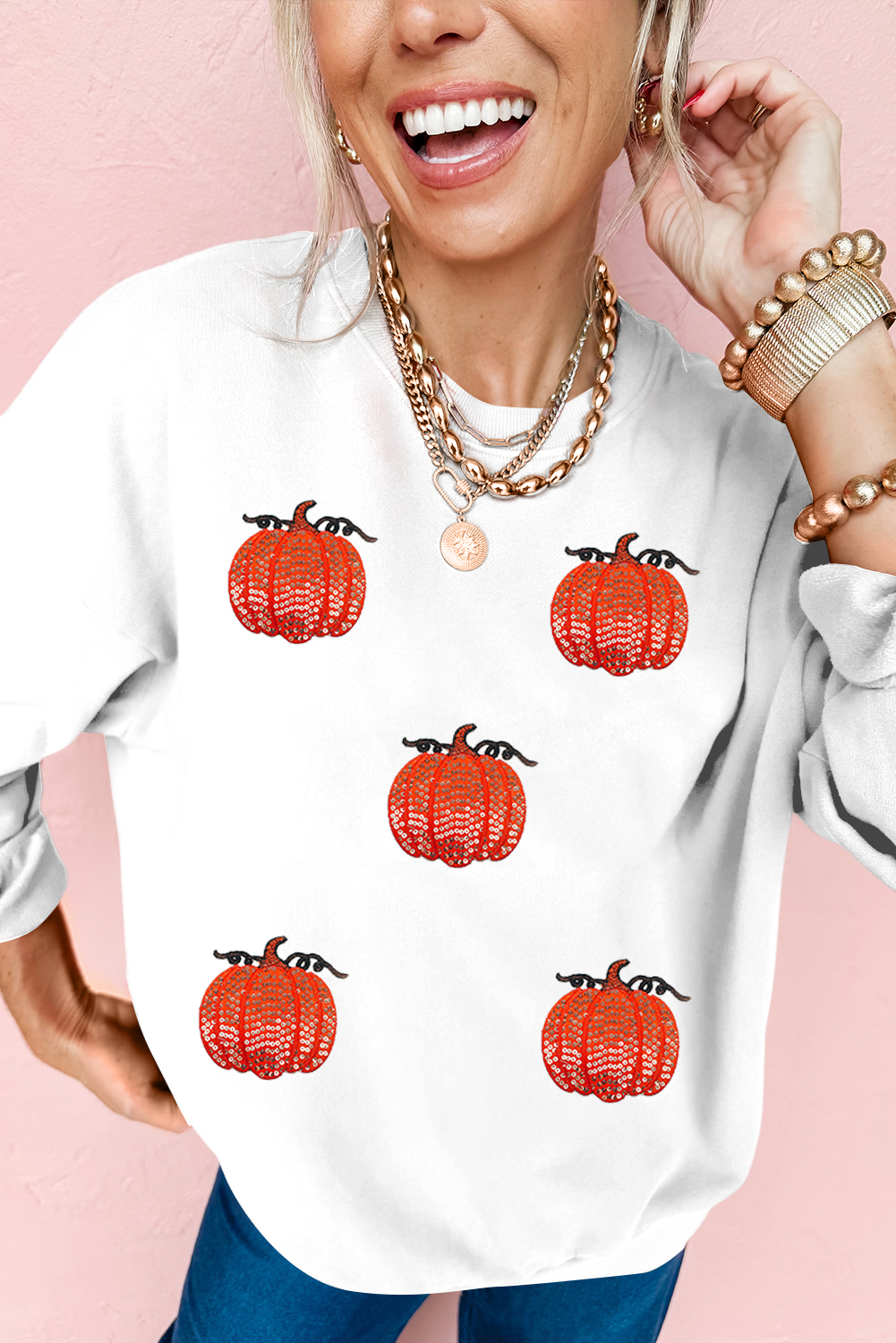 White Sequin Pumpkin Patched Drop Shoulder Sweatshirt - loveforevers