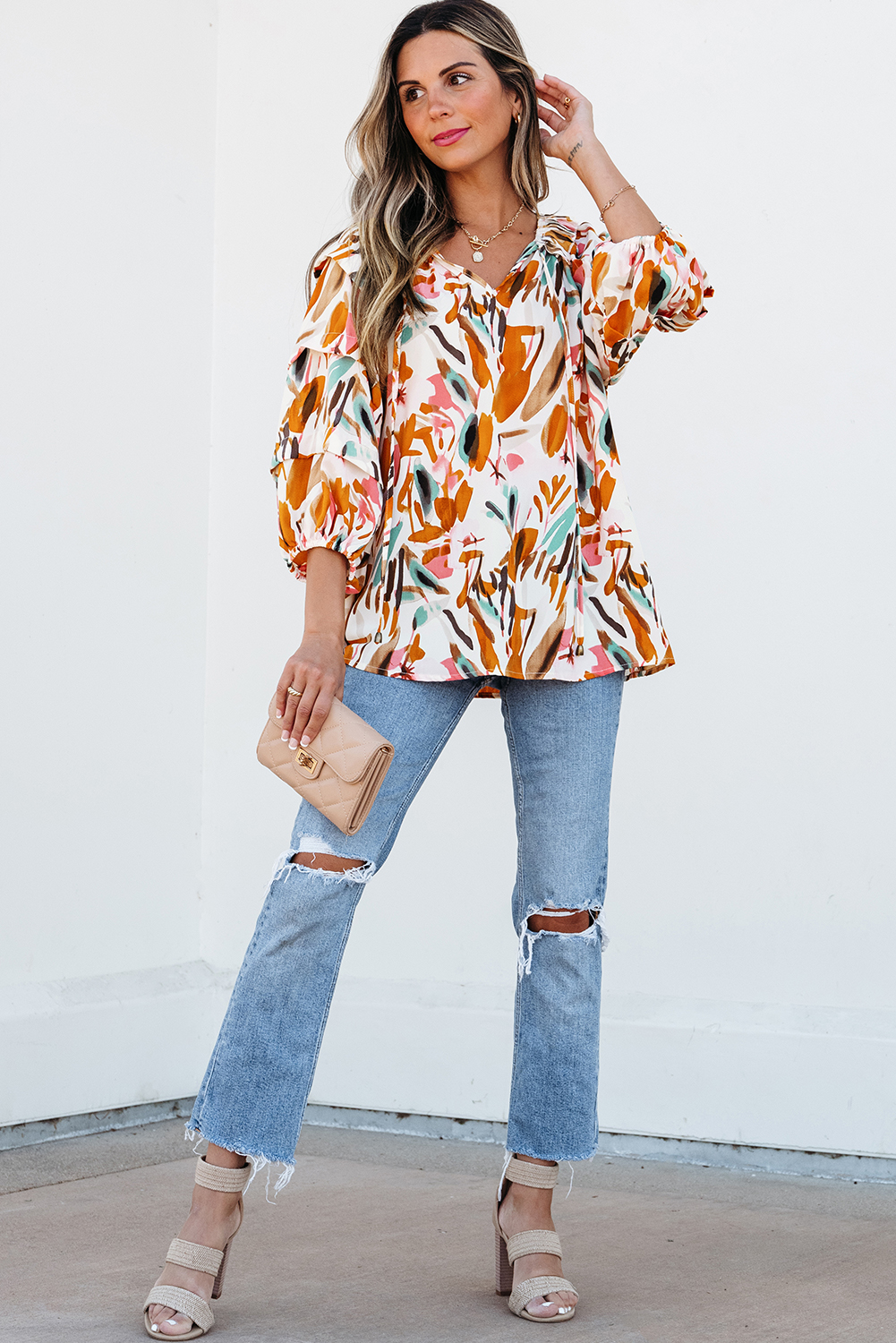Yellow Abstract Print Drawstring Frilled V Neck 3/4 Sleeve Blouse - loveforevers
