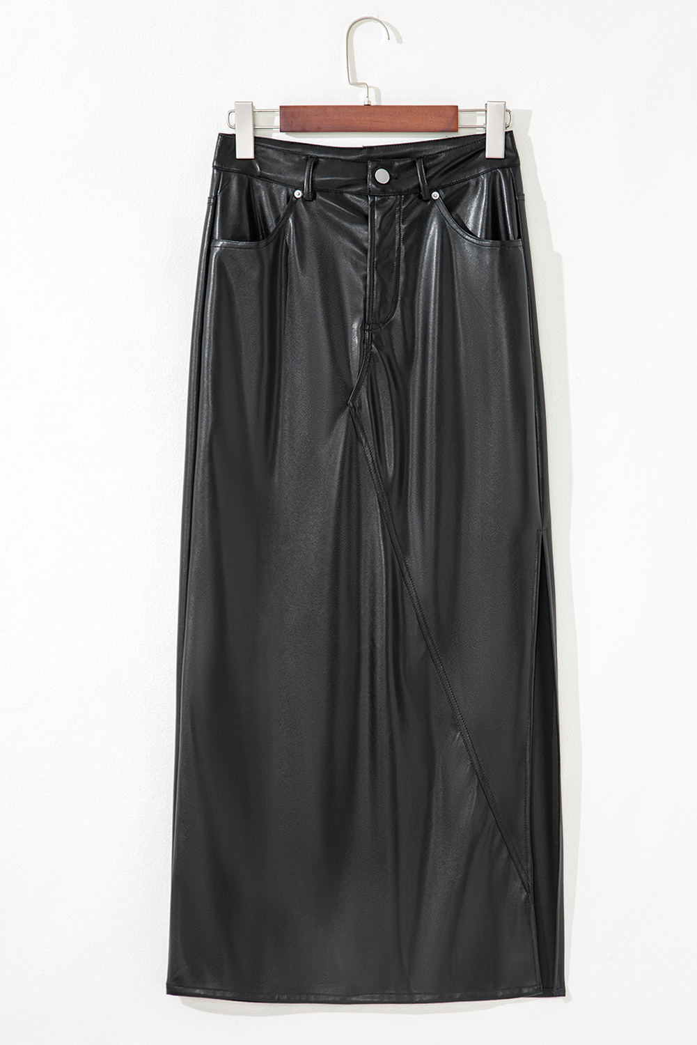 Black Faux Leather Side Slit Maxi Skirt - loveforevers